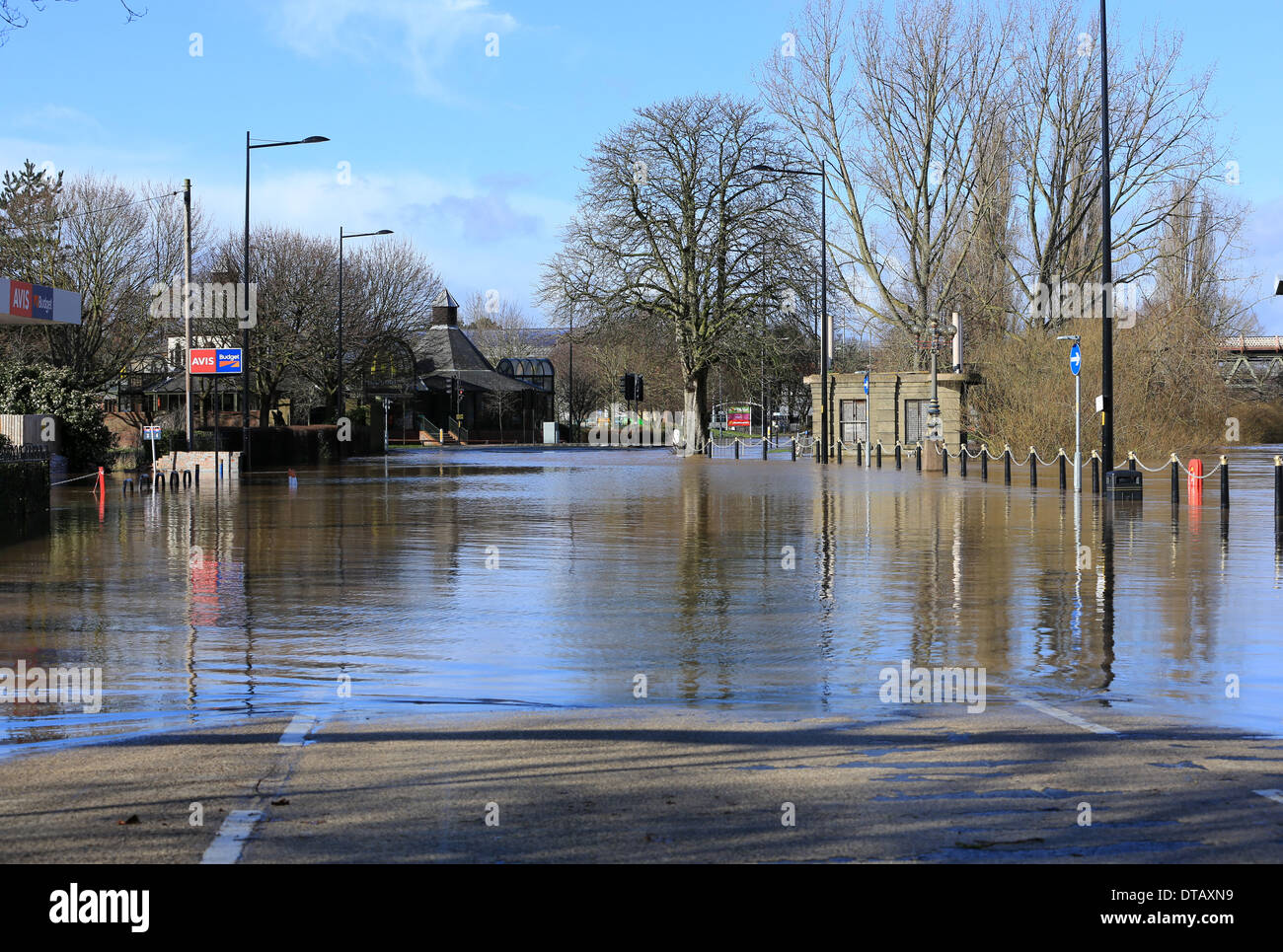 The flooded road leading to Worcester's only city bridge from the west is impassable in the February 2014 floods. Stock Photo