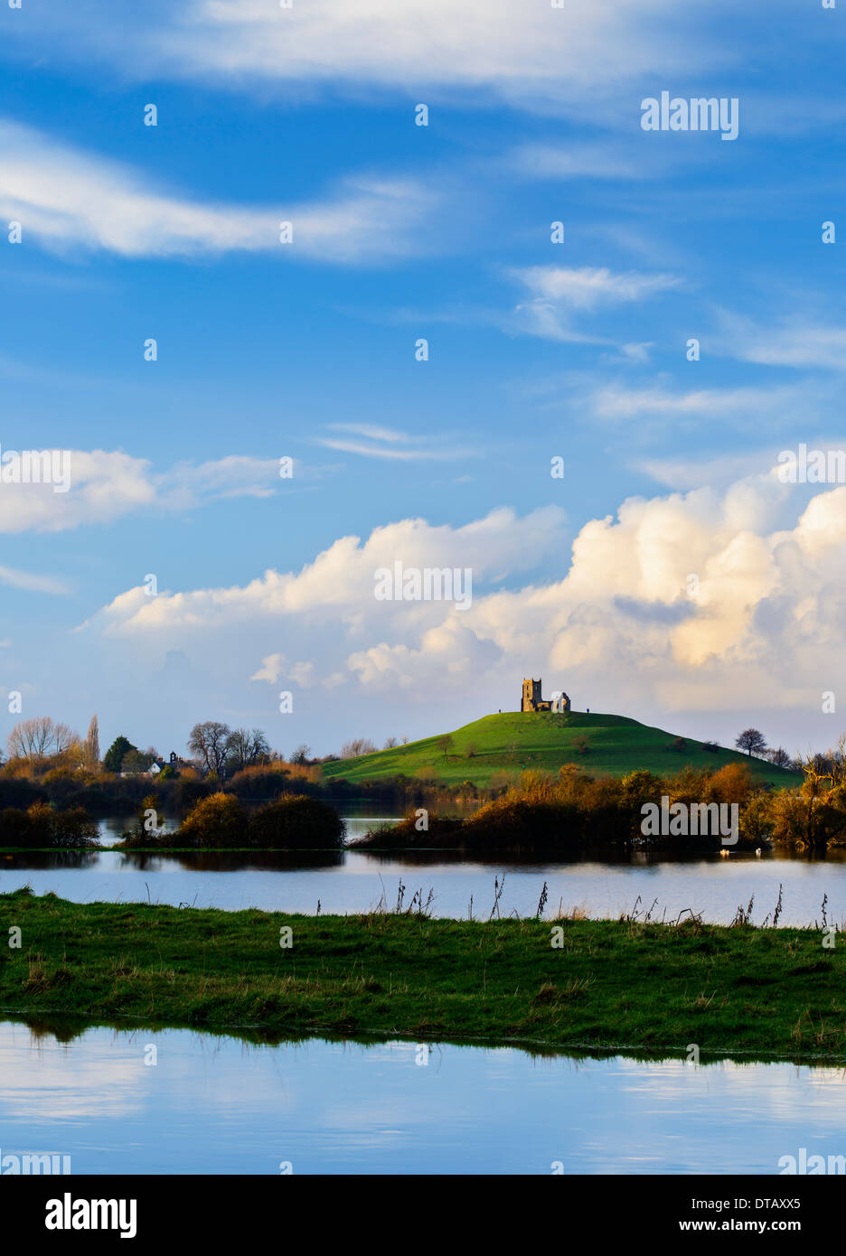 Burrow Mump, rising above the devastating floods of 2014, on a clam afternoon Stock Photo