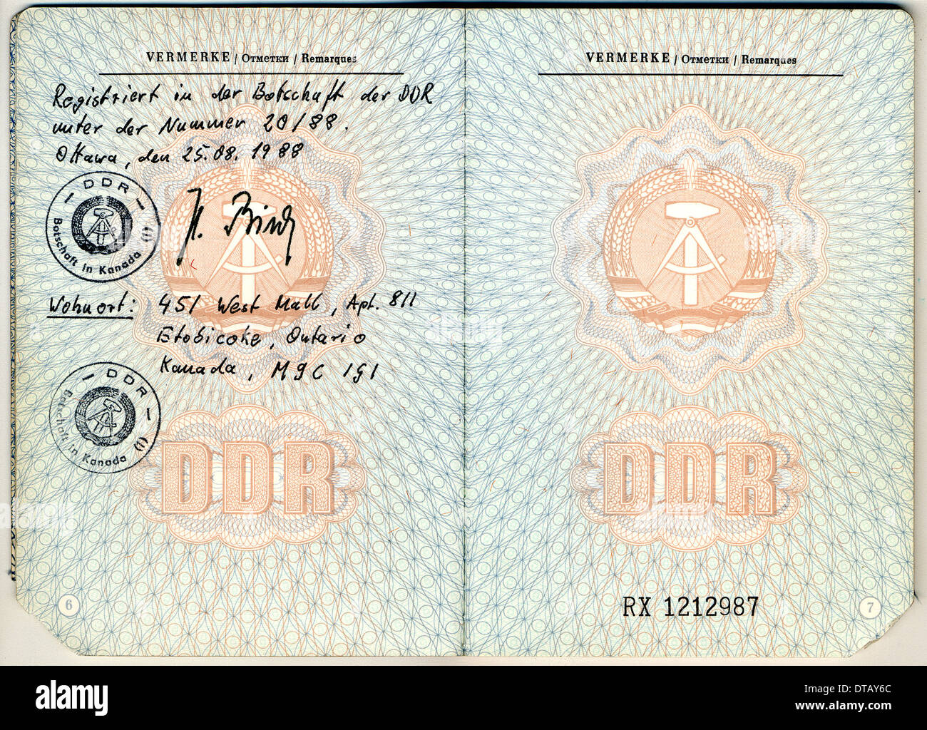 Berlin, Germany, the GDR with Canadian passport entry stamp Stock Photo