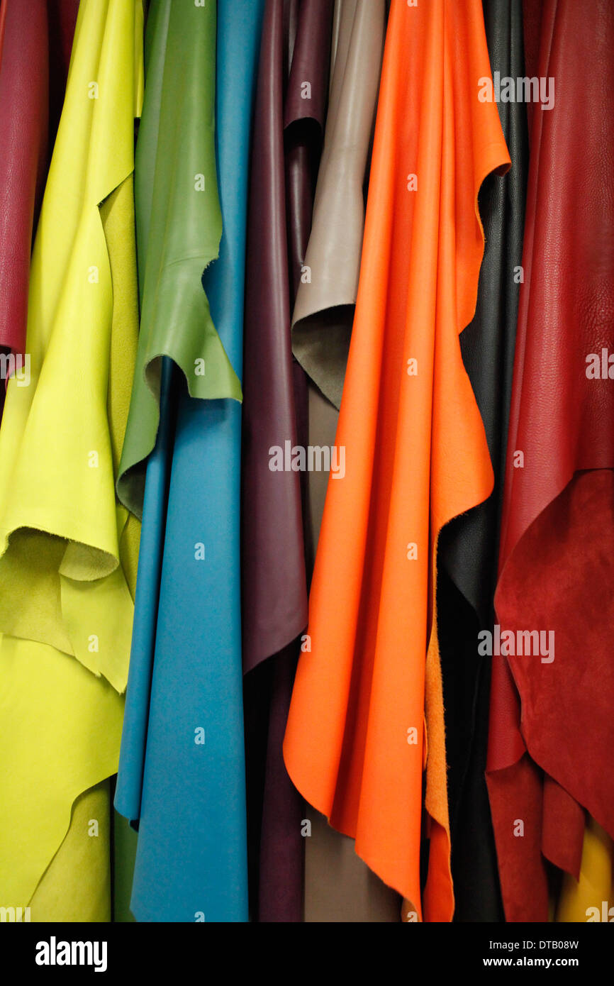 Close-up of various colors of leather textiles Stock Photo