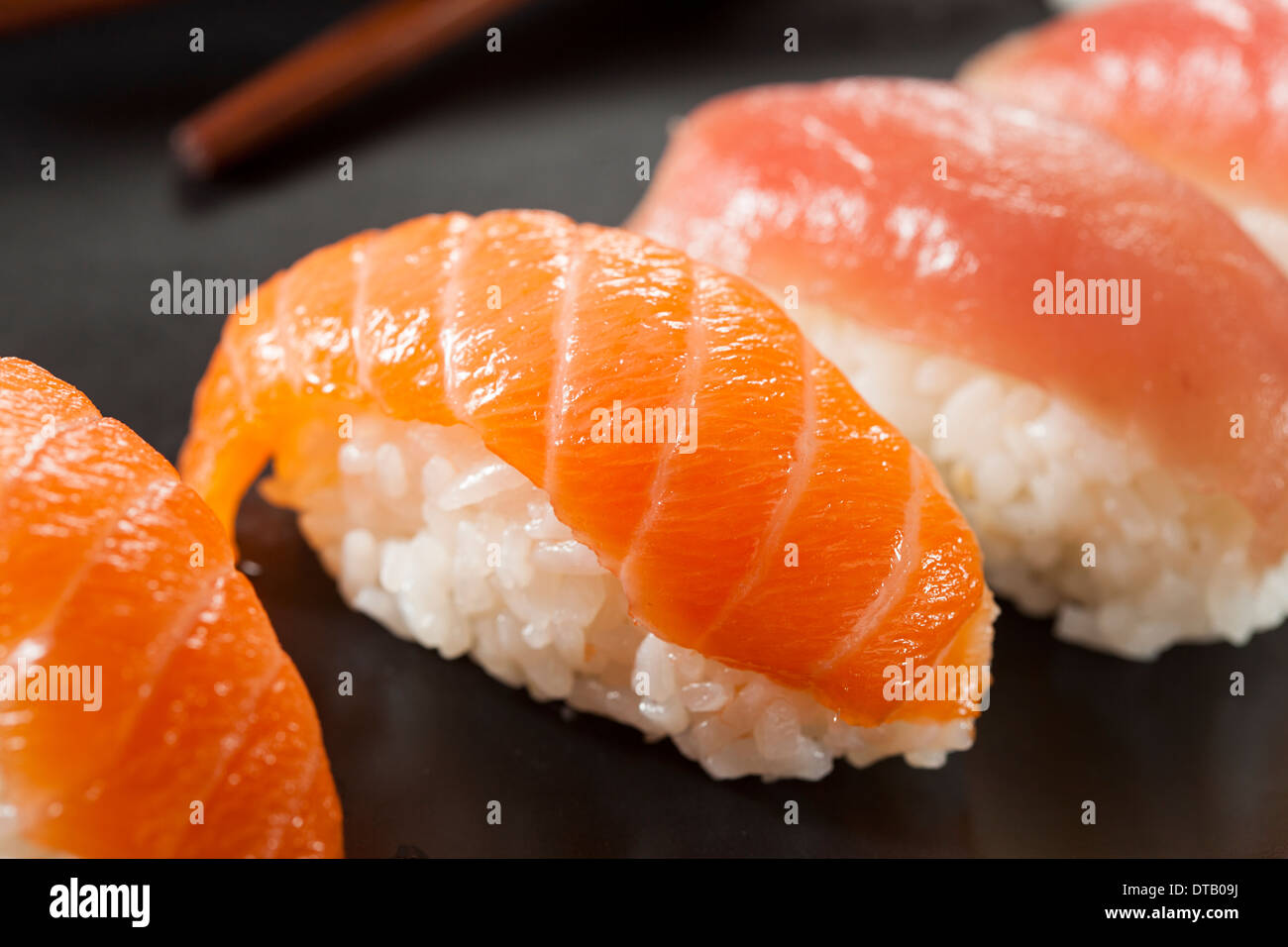 Healthy Japanese Nigiri Sushi with Rice and Fish Stock Photo
