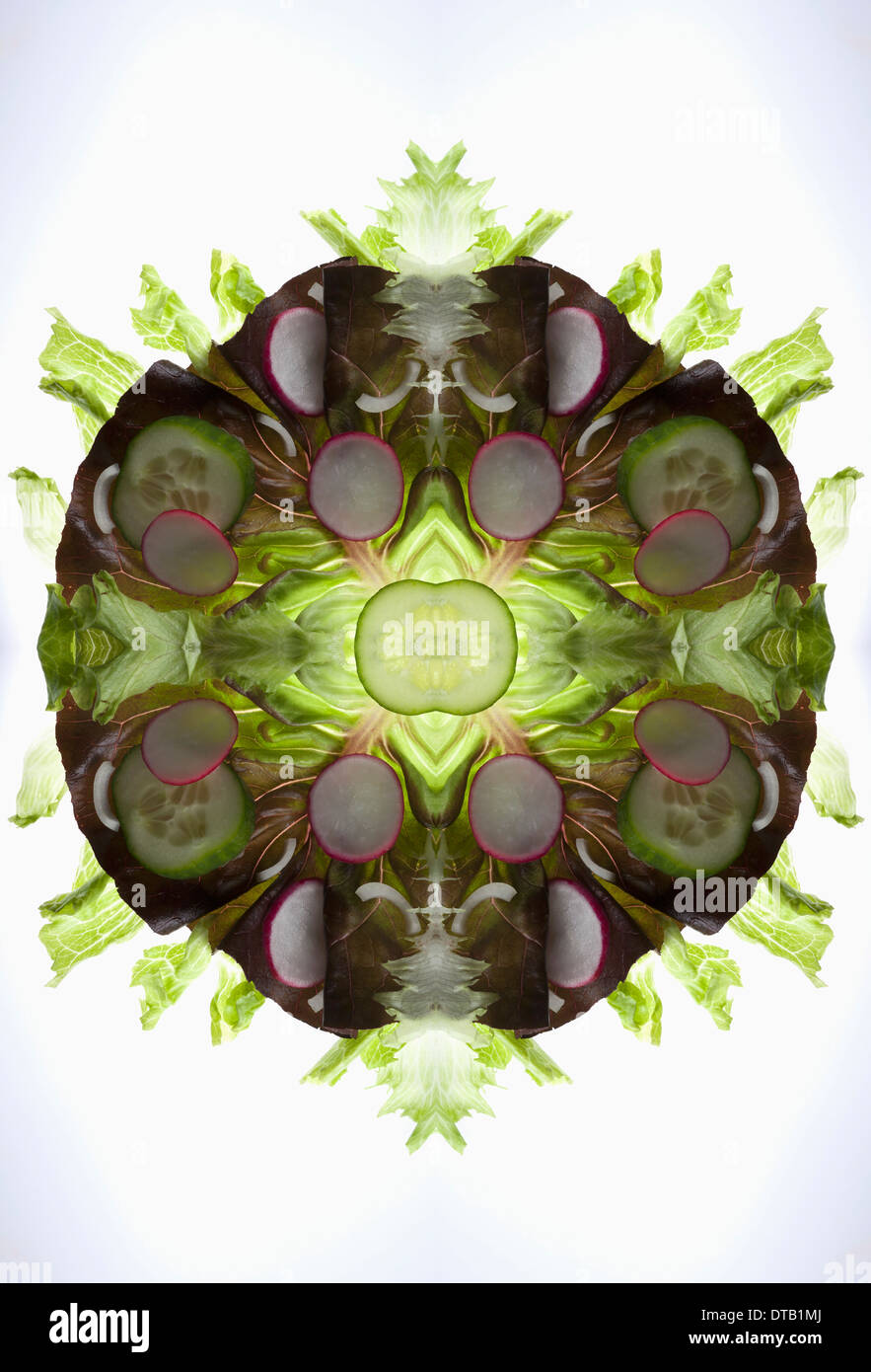 A digital composite of mirrored images of pieces of a mixed vegetable salad Stock Photo