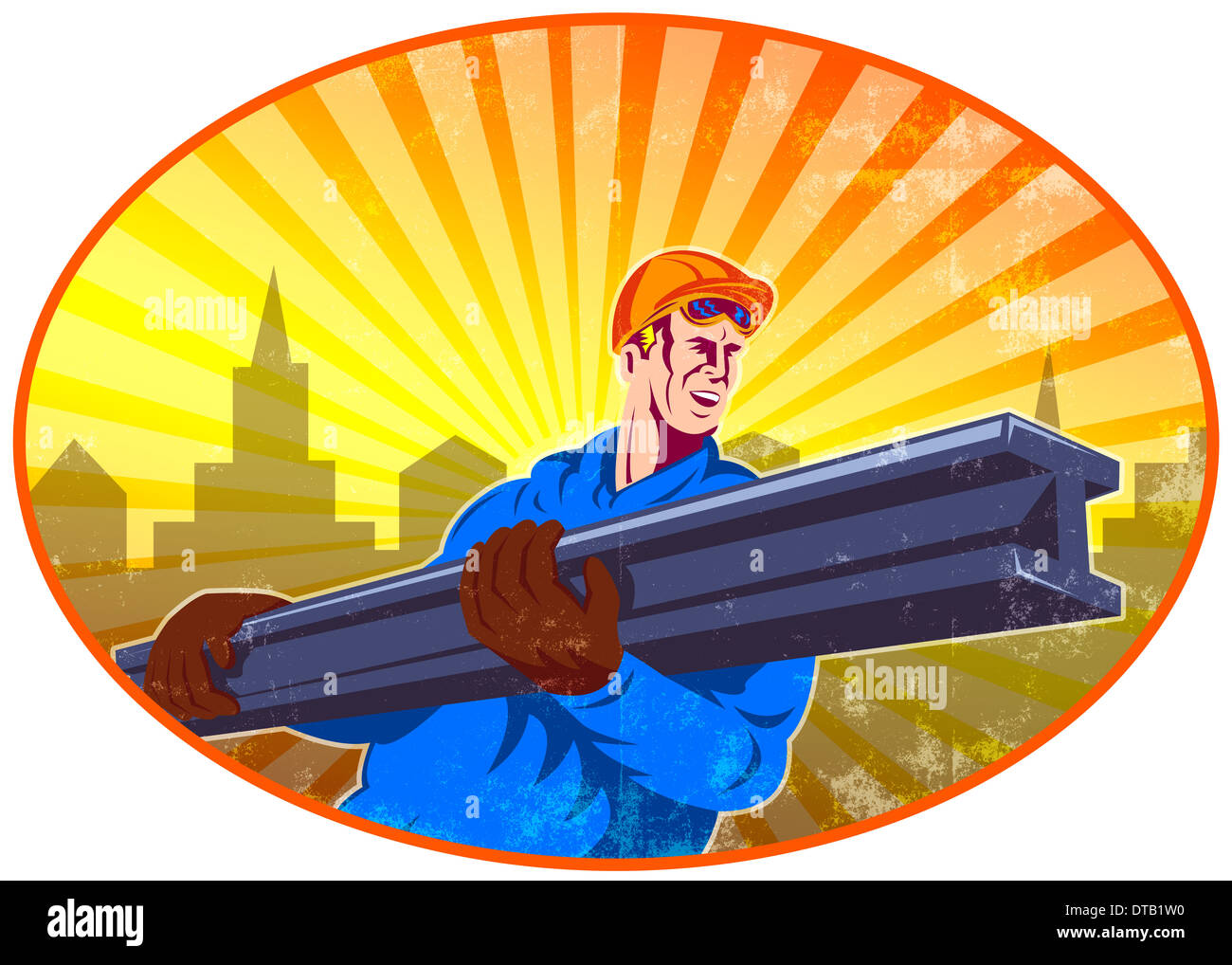 Illustration of construction steel worker carrying ibeam girder with