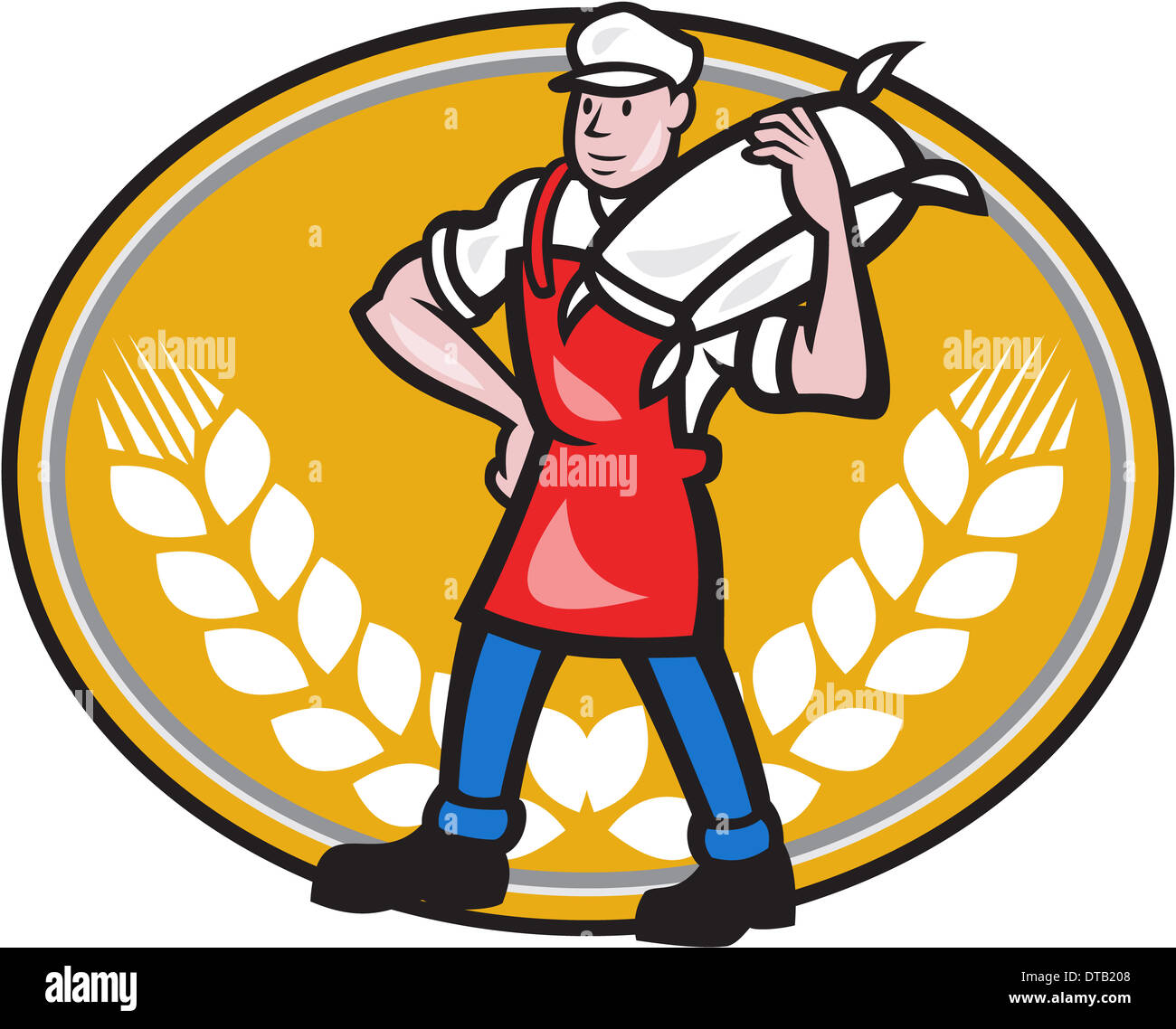 Illustration of a flour miller worker wearing apron bib carrying flour