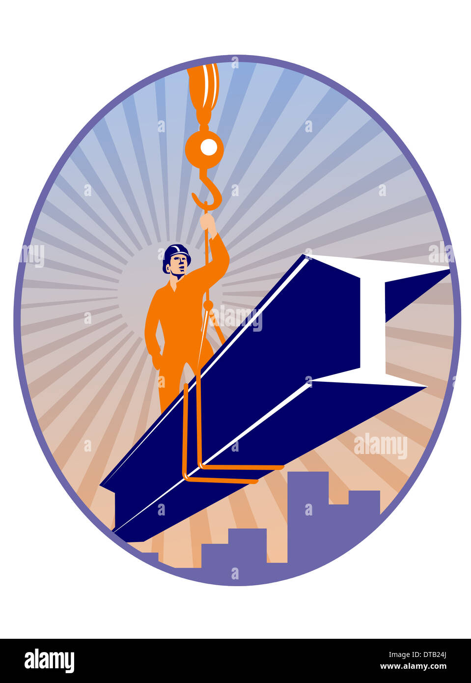 Illustration of construction steel worker riding on i-beam girder with ...