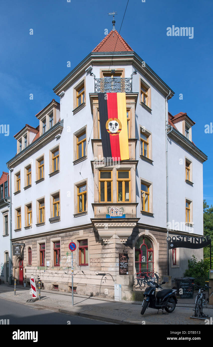 Dresden, Germany, Stadtteilhaus with the flag of the Bunte Republik Neustadt Stock Photo