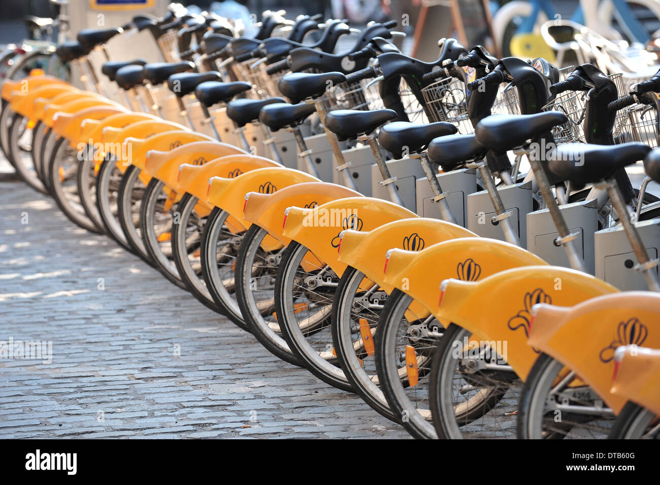 Brussels, Belgium, bicycles for rent at Rue d' Arenberg Stock Photo