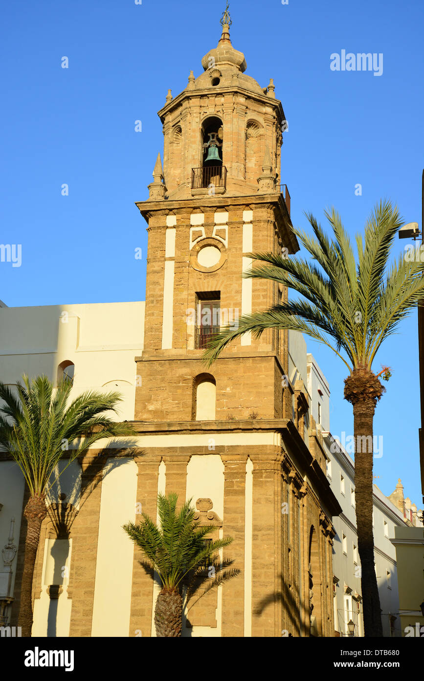 Bell tower of Iglesia de Santiago Apostal, Plaza de la Catedral, Old Town, Cádiz, Cádiz Province, Andalusia, Spain Stock Photo