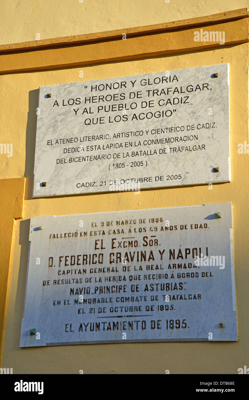 Battle of Trafalgar plaques on wall, Plaza de la Catedral, Old Town, Cádiz, Cádiz Province, Andalusia, Spain Stock Photo