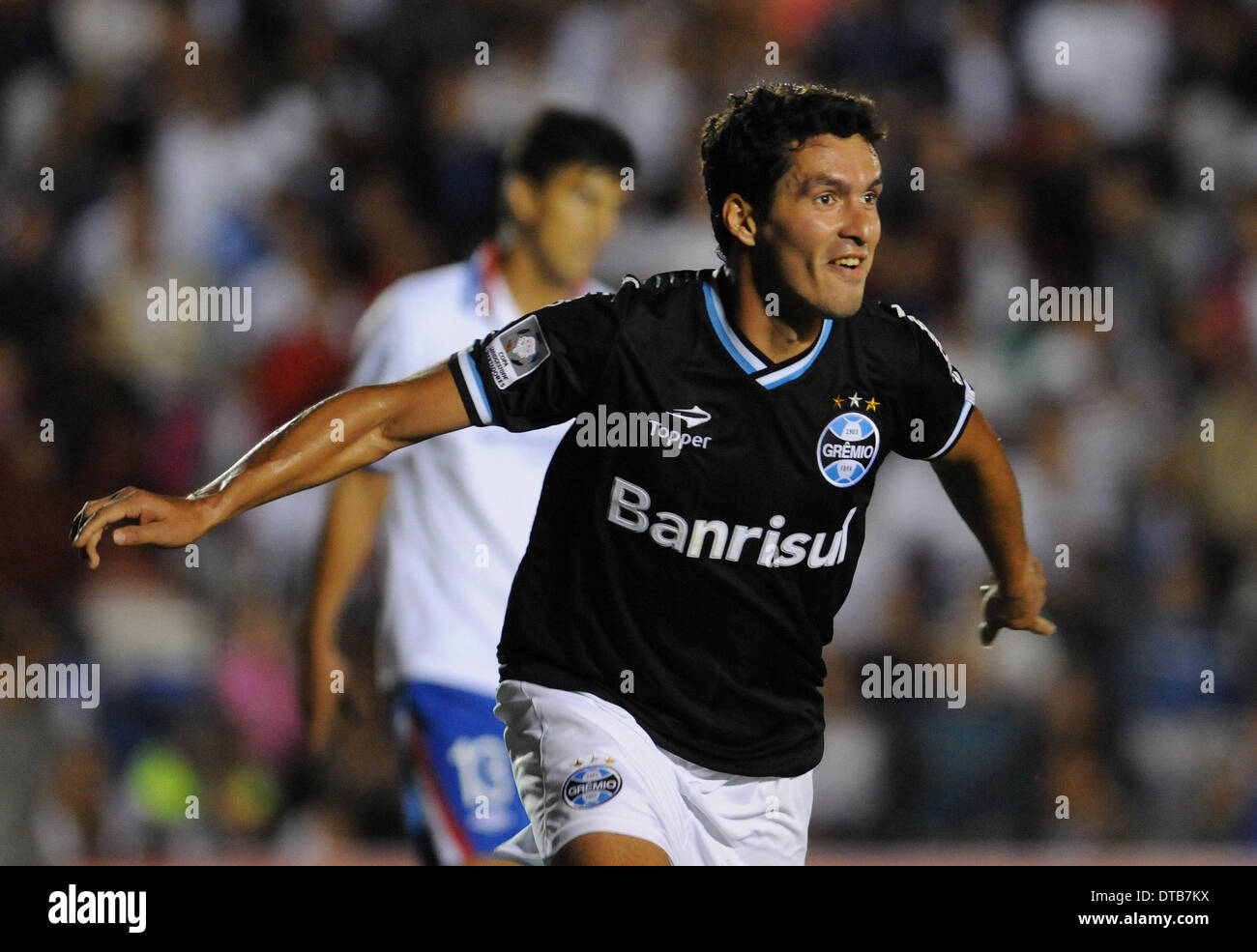 Montevideo, Uruguay. 7th May, 2015. Brian Fernandez (R) of Argentina's Racing  Club, celebrates after scoring against Uruguay's Wanderers, during the  first leg match of the Libertadores Cup round of 16, at Gran