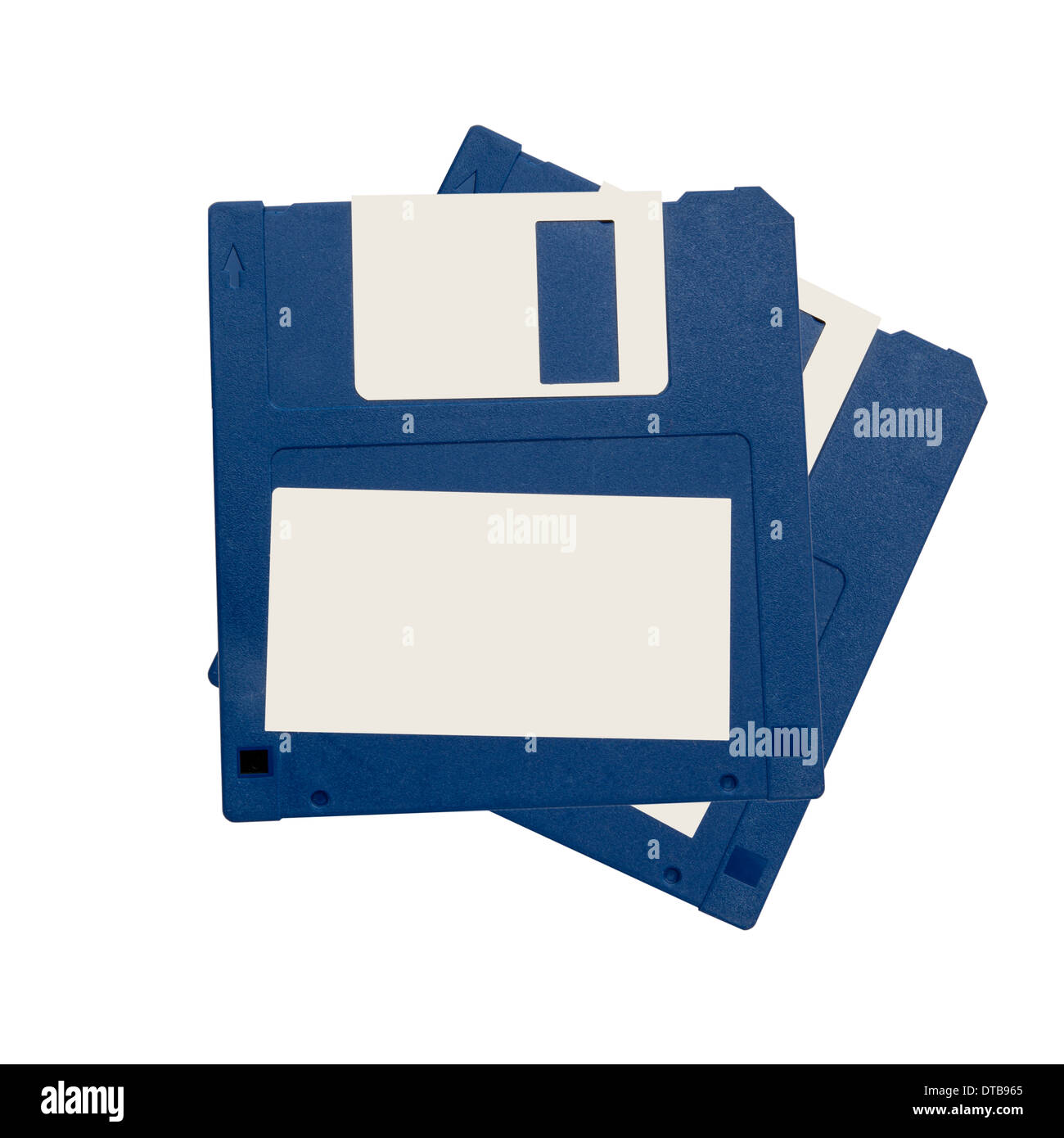 Three blue floppy disks, representing old computer storage, on a white background. Stock Photo