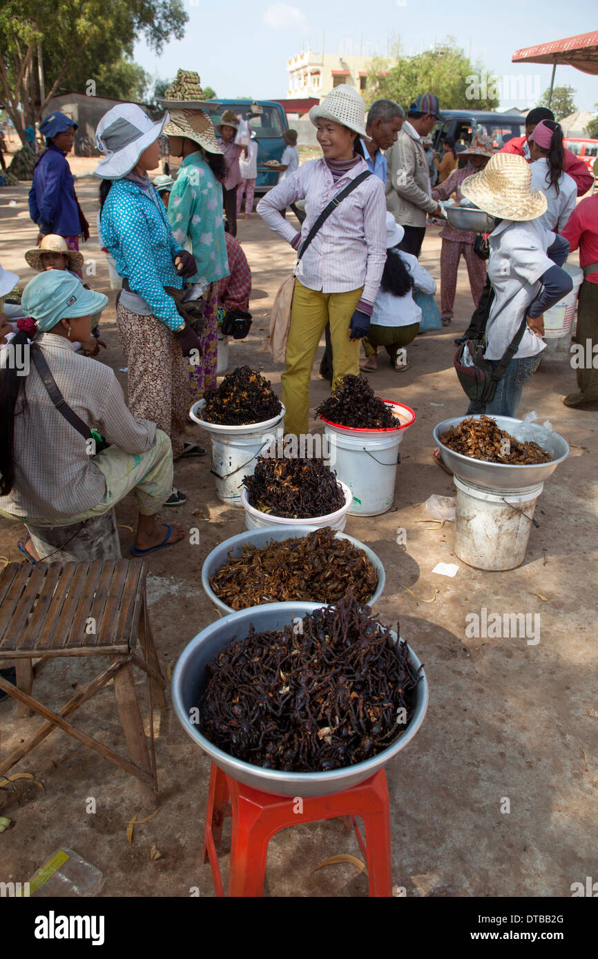 Fried Tarantula spiders being sold by women vendors at Skuon Cambodia Stock Photo