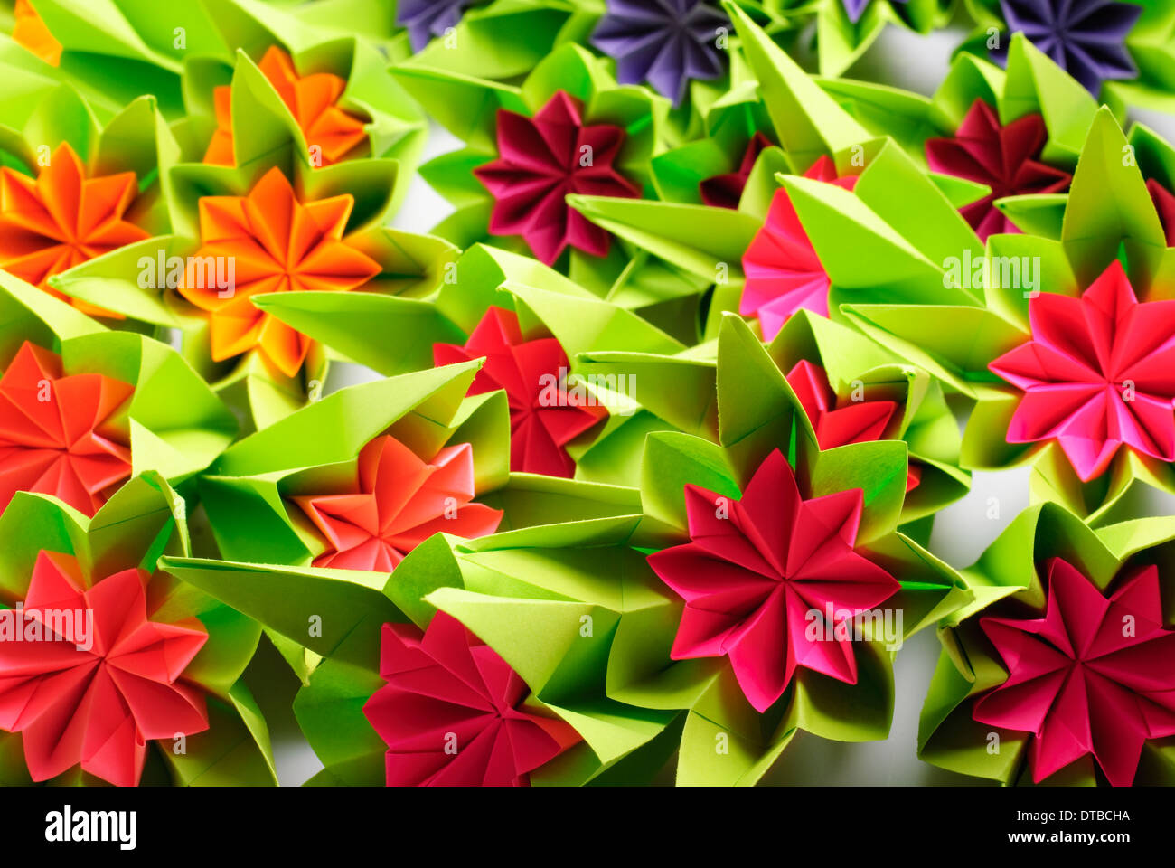 Origami bunch of various rainbow flowers isolated on white Stock Photo