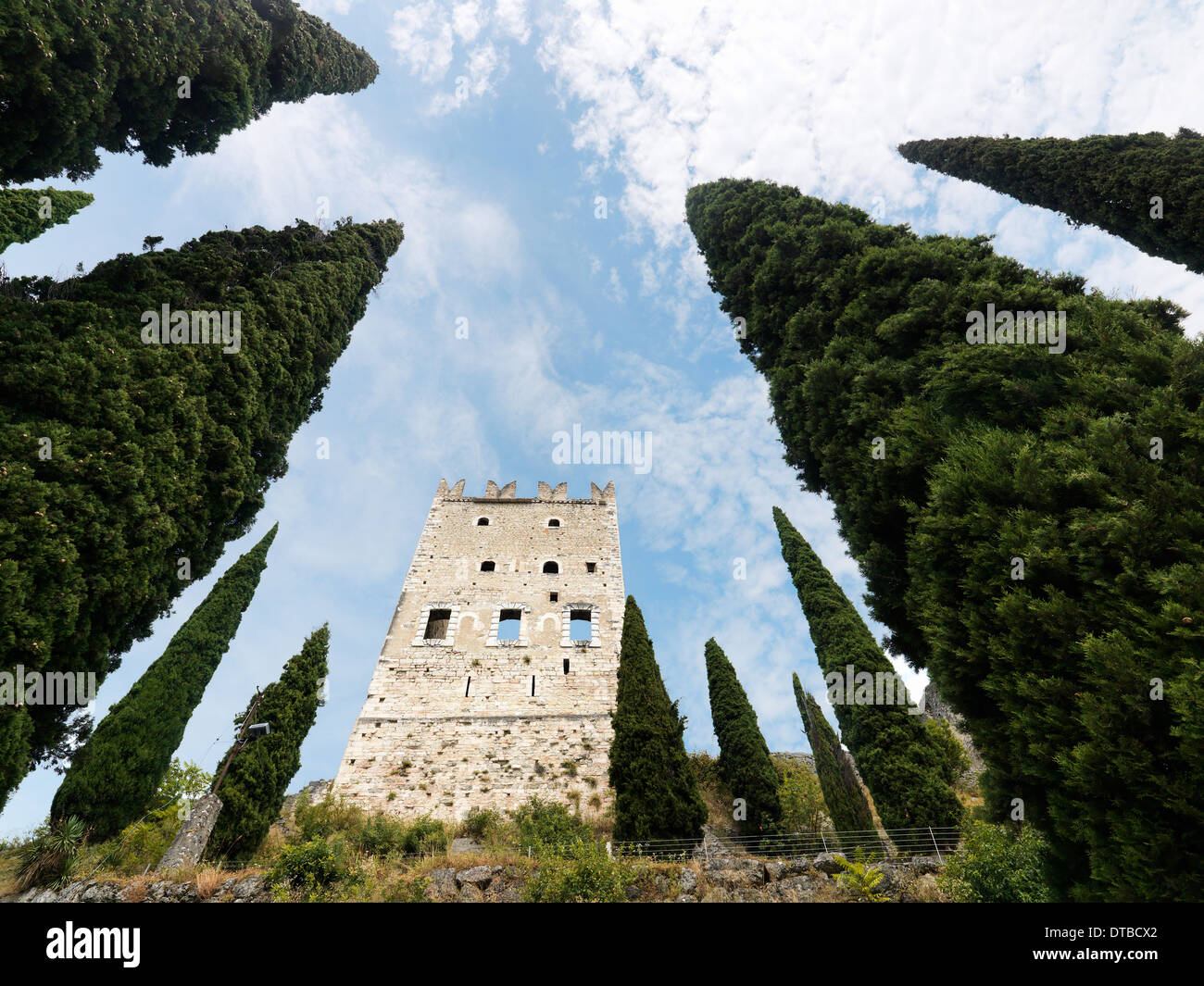 Arco , Italy, Castello di Arco - ruined tower between cypress Stock Photo