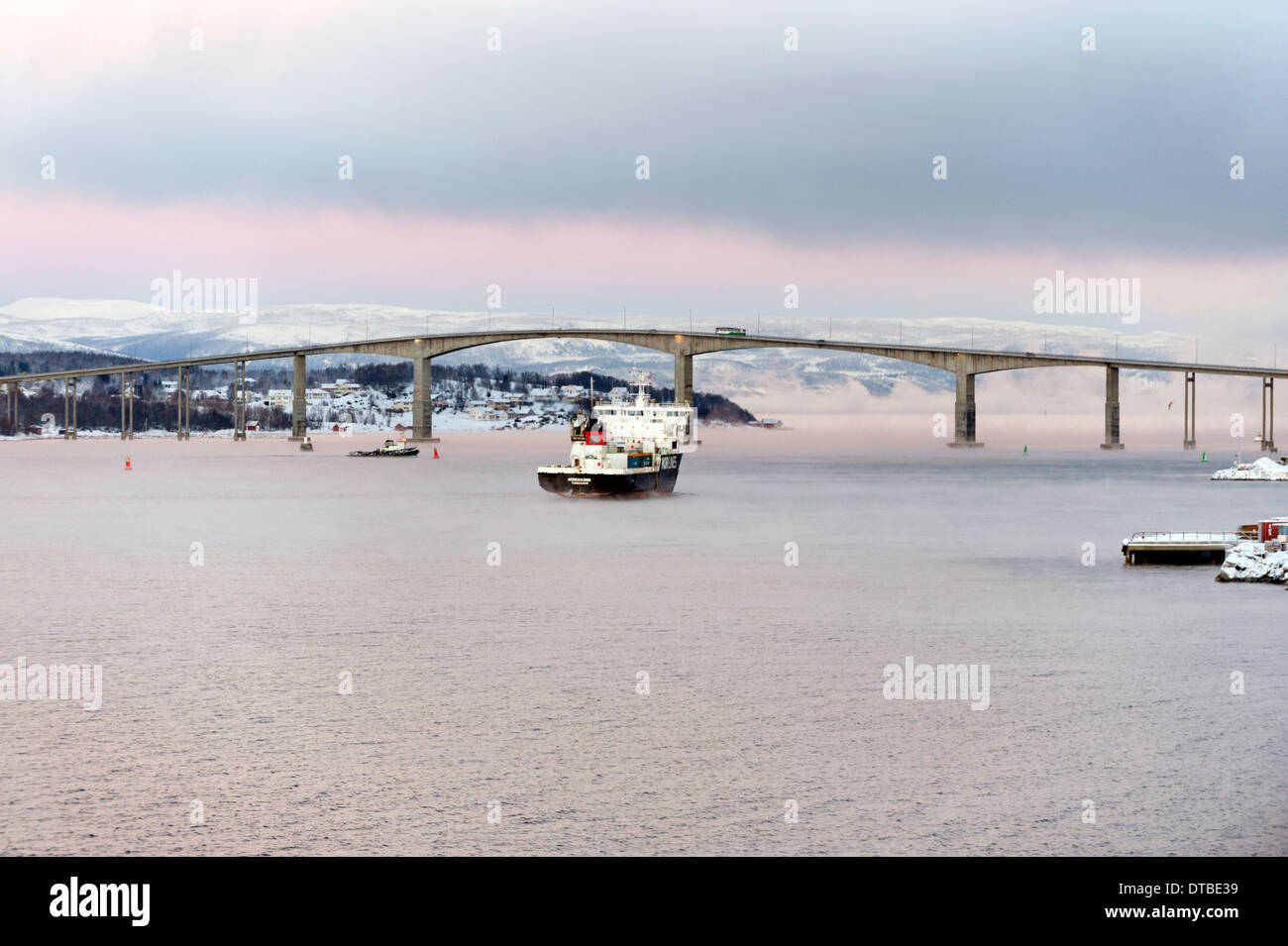 The Gisund Bridge at Finnsnes, Troms County, Norway, in Winter Stock Photo