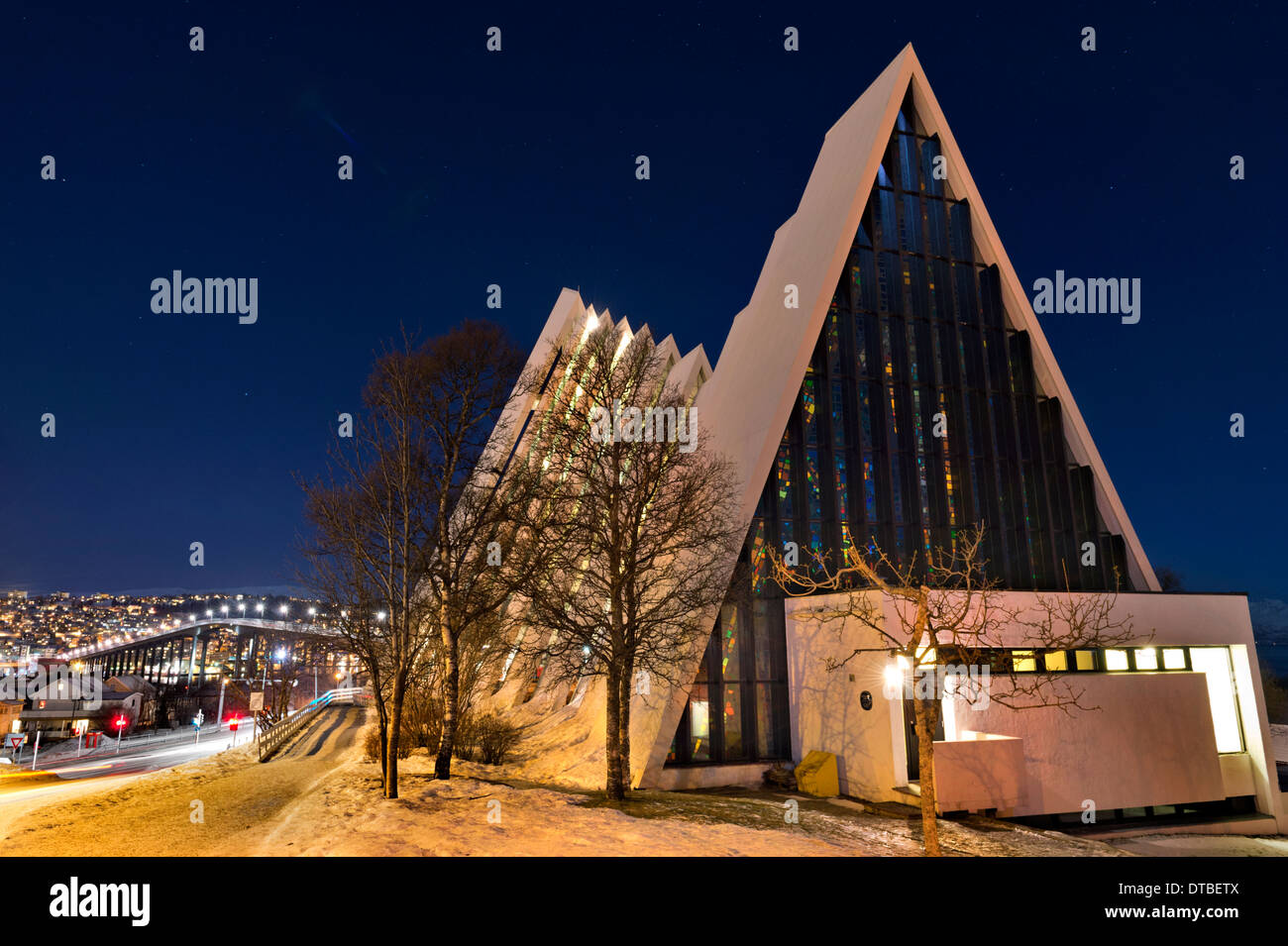 Night view of the Cathedral of the Arctic and the road bridge, Tromsø, Troms County, Norway Stock Photo