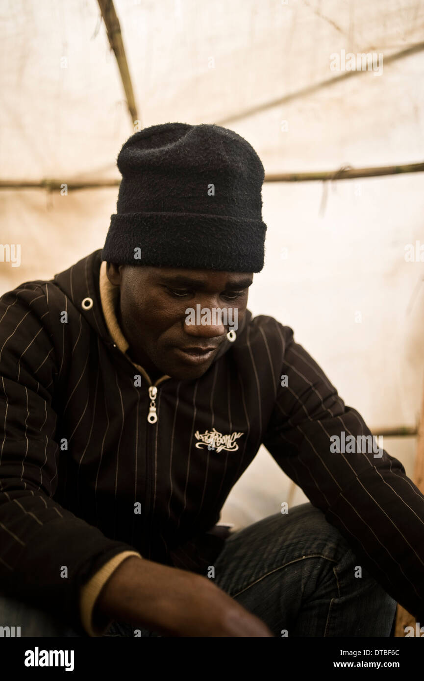 African immigrants live in plastic huts in a shanty campsite in Lepe, Huelva, Spain, waiting for