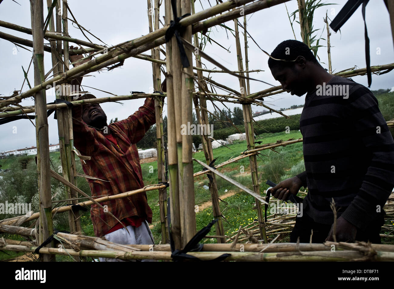 African immigrants live in plastic huts in a shanty campsite in Lepe, Huelva, Spain, waiting for