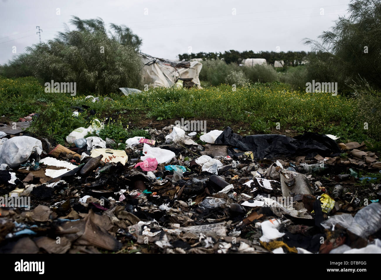 African immigrants live in plastic huts in a shanty campsite in Lepe, Huelva, Spain, waiting for