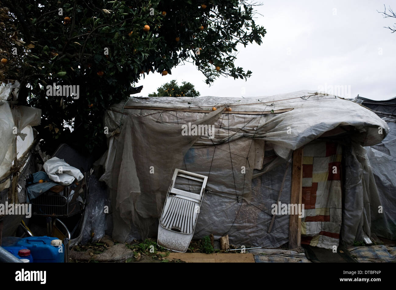 African immigrants live in plastic huts in a shanty campsite in Lepe, Huelva, Spain, waiting for