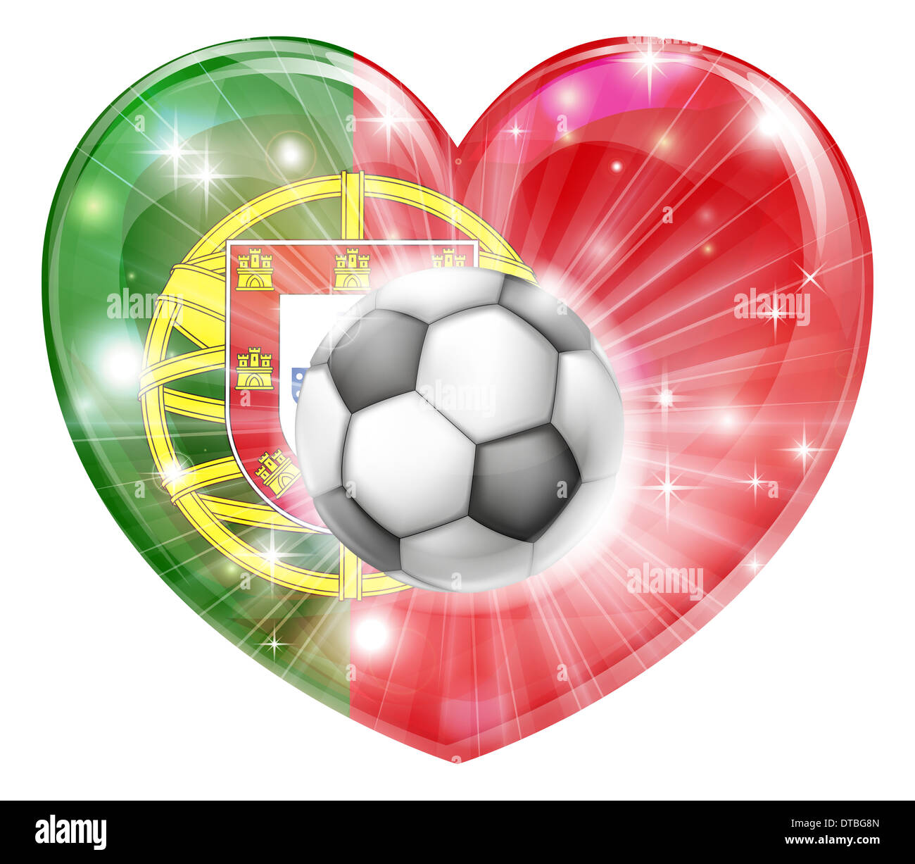Portugal soccer football ball flag love heart concept with the Portuguese flag in a heart shape and a soccer ball flying out Stock Photo