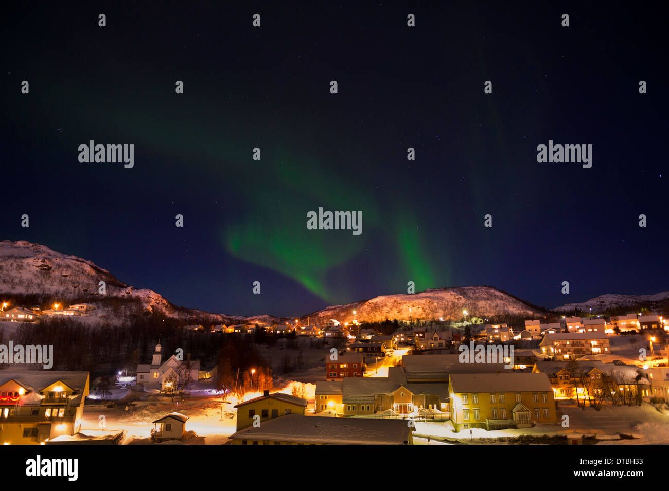 The Northern Lights over the coastal town of Skjervøy, Troms County, Norway Stock Photo