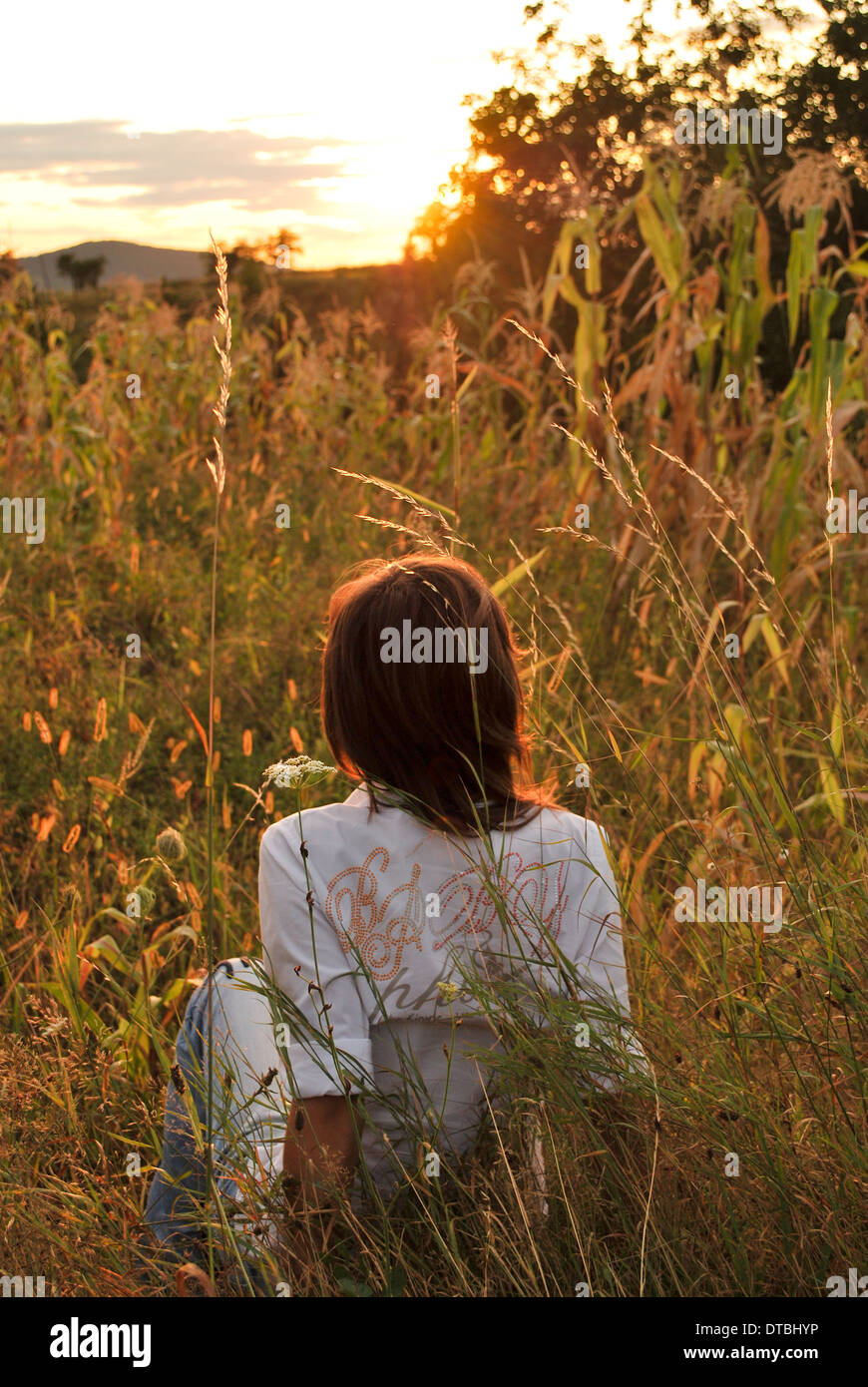 Girl look at the sunset in the field Stock Photo - Alamy