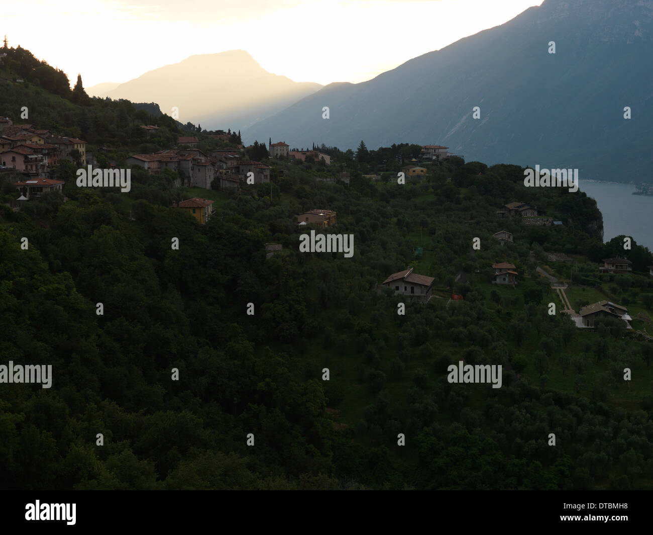 Tremosine , Italy , Sunrise over Arias and Pieve di Tremosine Stock Photo