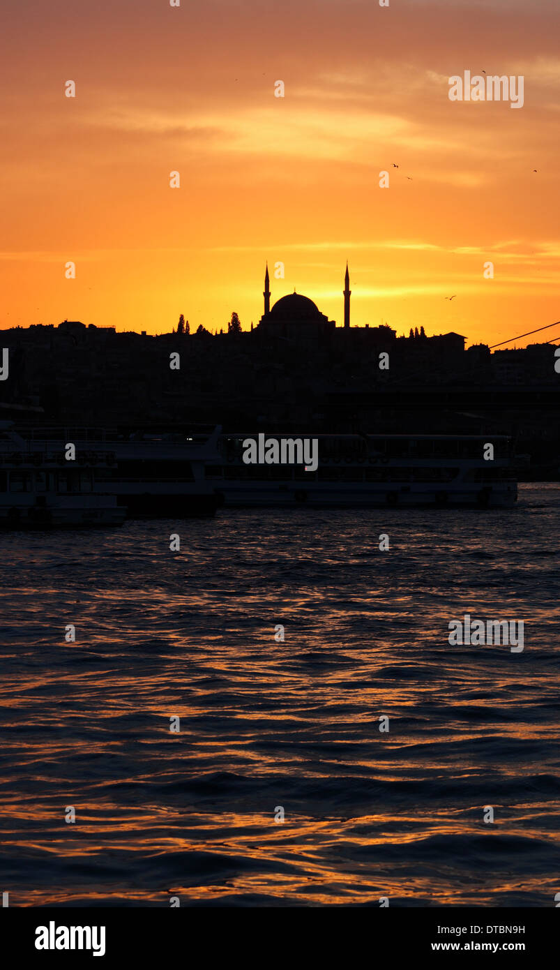 Silhouette of the Fatih Mosque at sunset Stock Photo