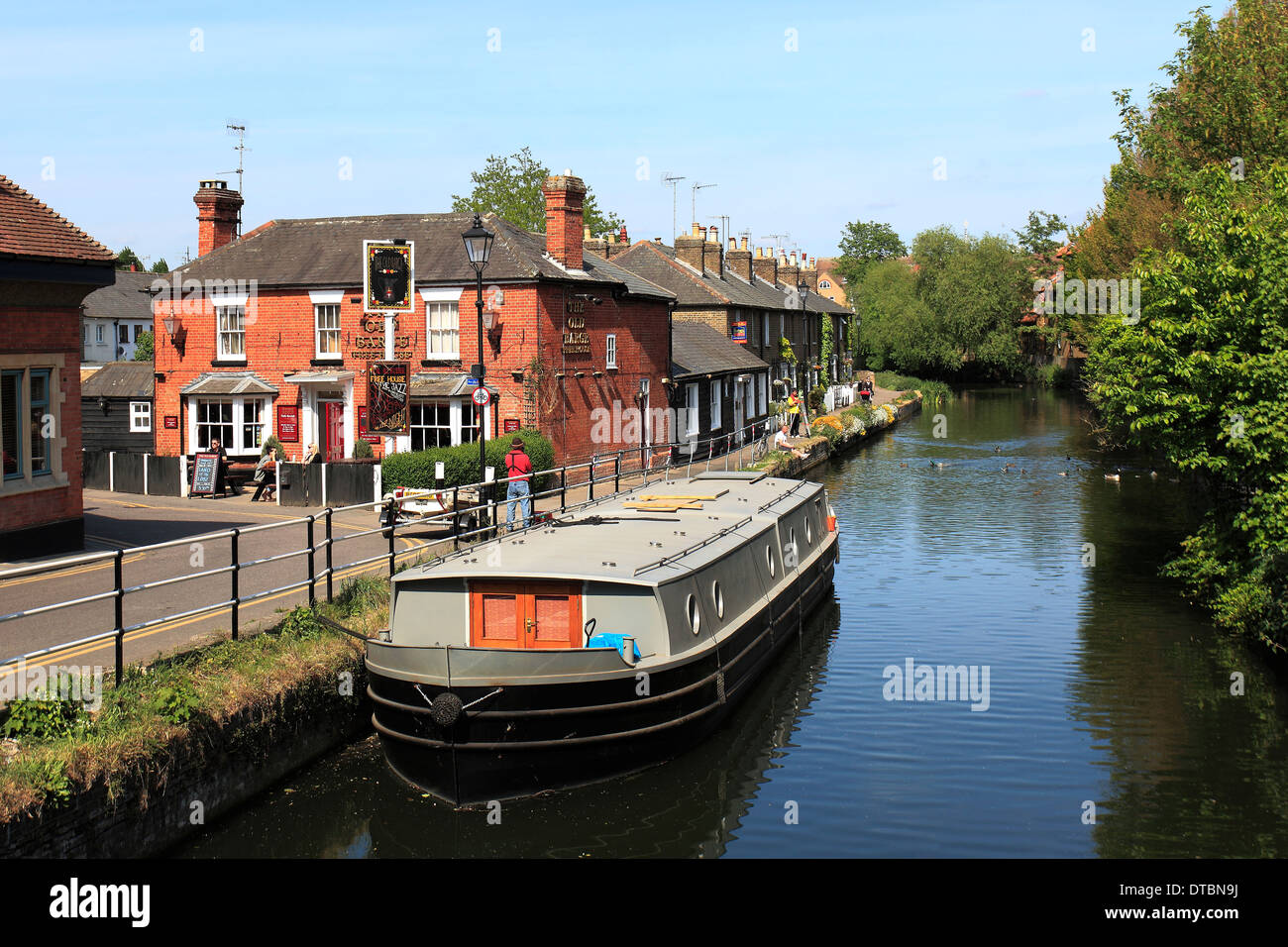 Narrowboat on the river Lee, Hertford town, Hertfordshire County, England, UK Stock Photo