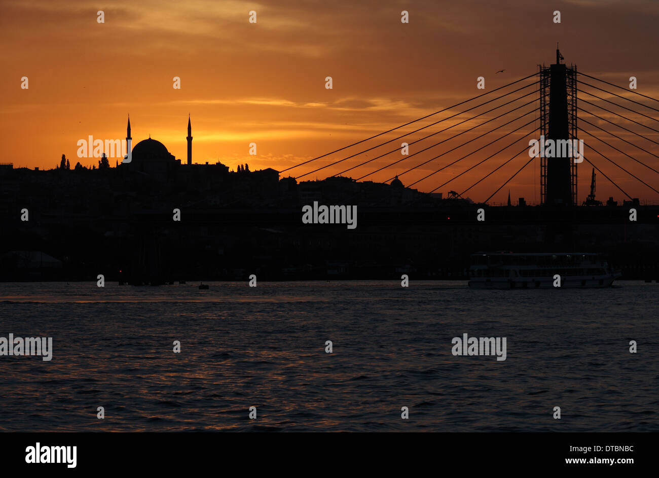 Silhouette of the Fatih Mosque at sunset Stock Photo