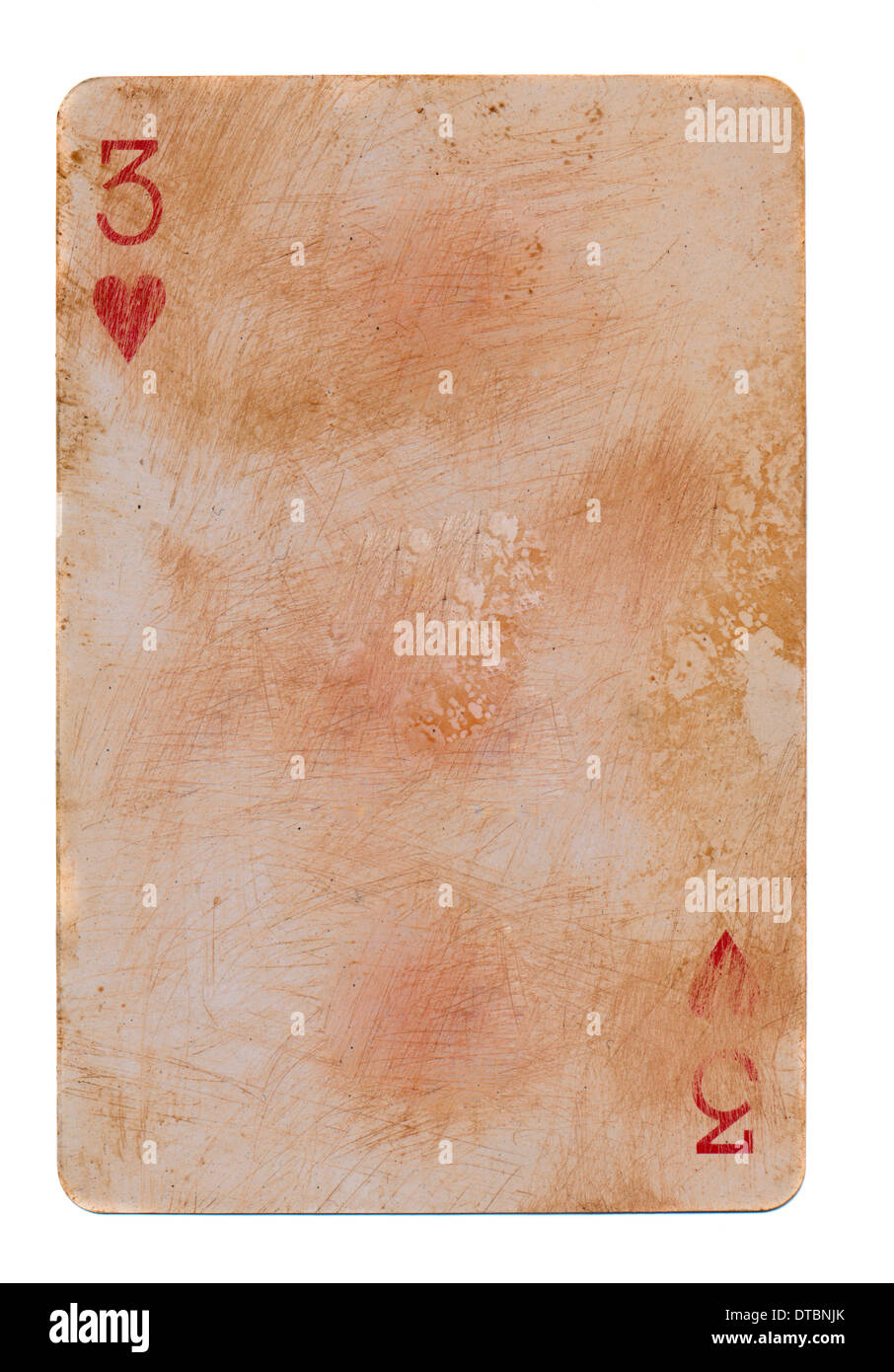 vintage used playing card with red hearts paper background. Isolated on