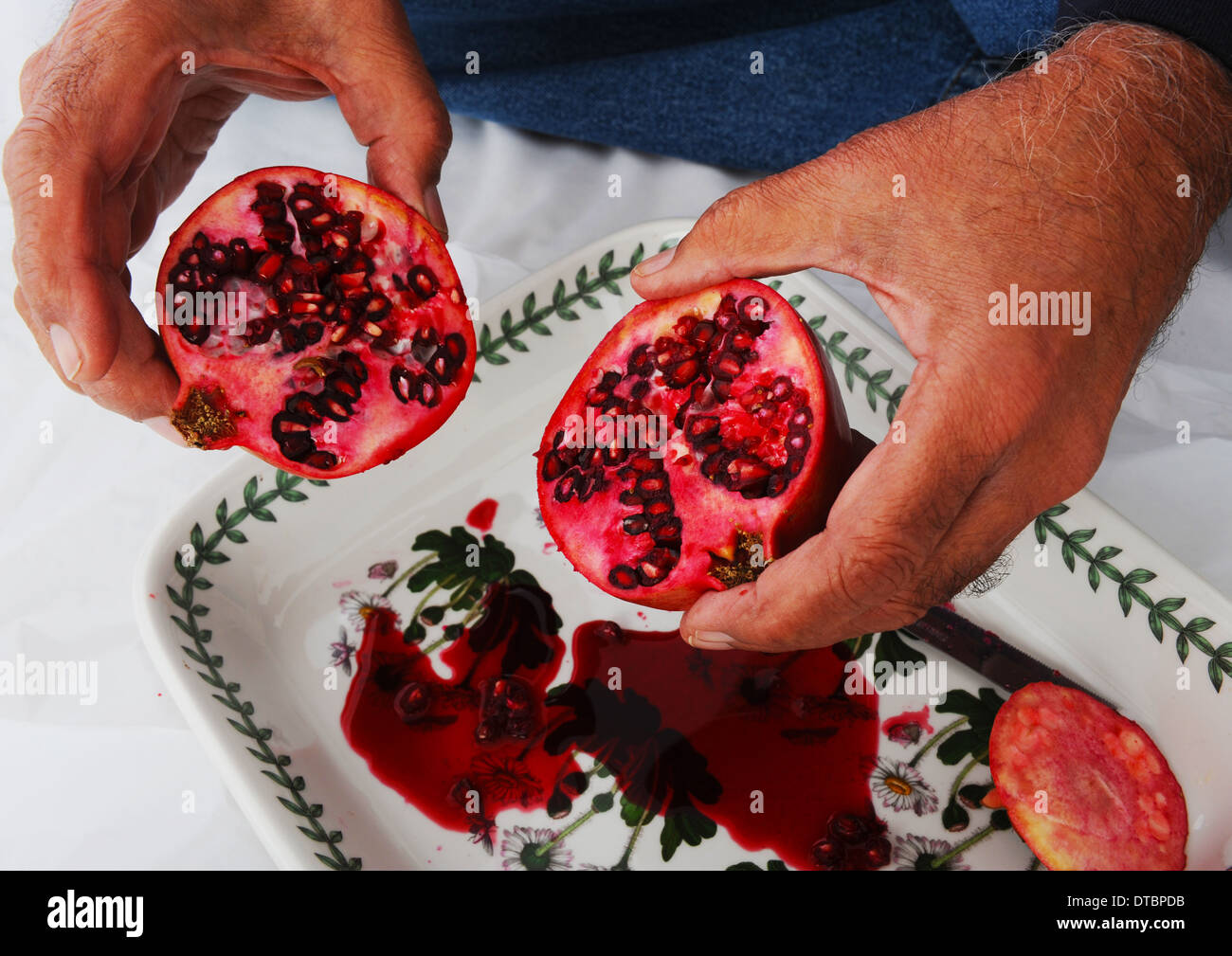 Ruby red pomegranate fruit cut in half showing rich red seeds in sections of white membrane within fruit with juice flowing out. Stock Photo