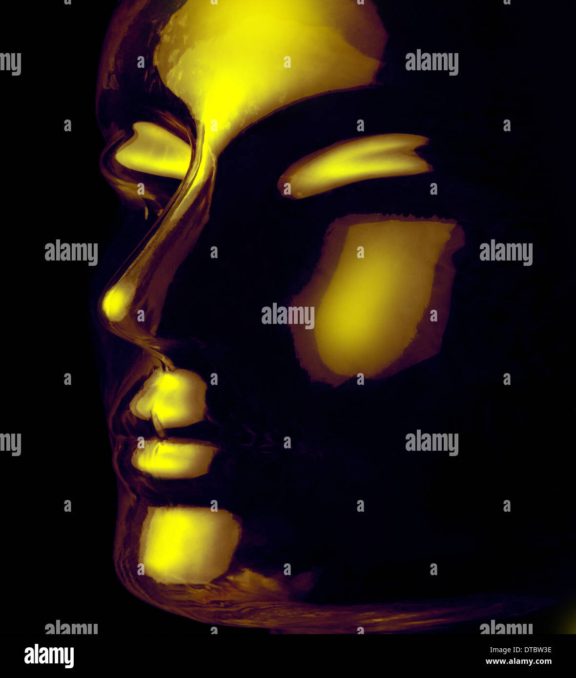 futuristic science theme showing a opalescent and translucent reflective human head made of glass in black back Stock Photo