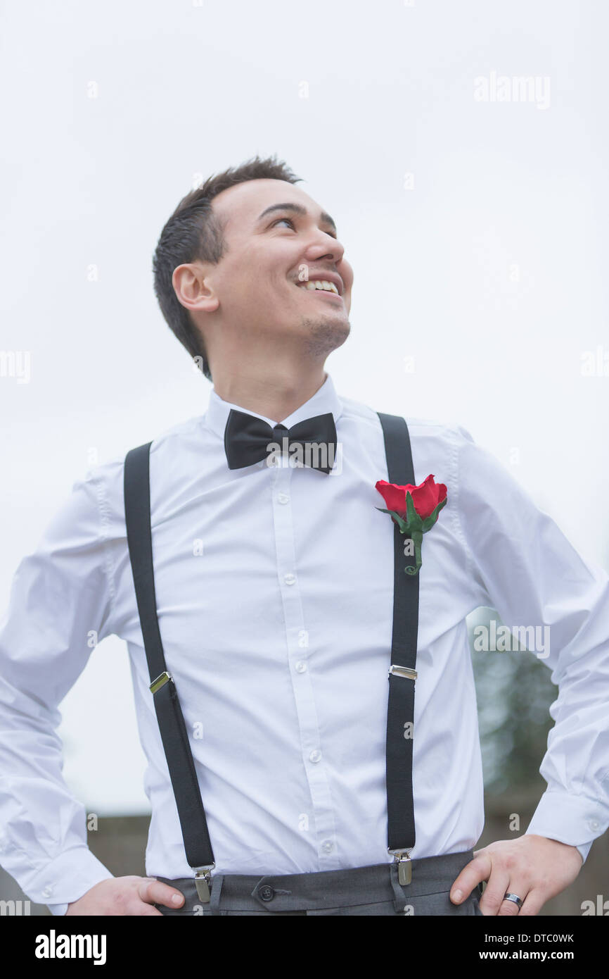 Informal portrait of smiling groom at wedding Stock Photo
