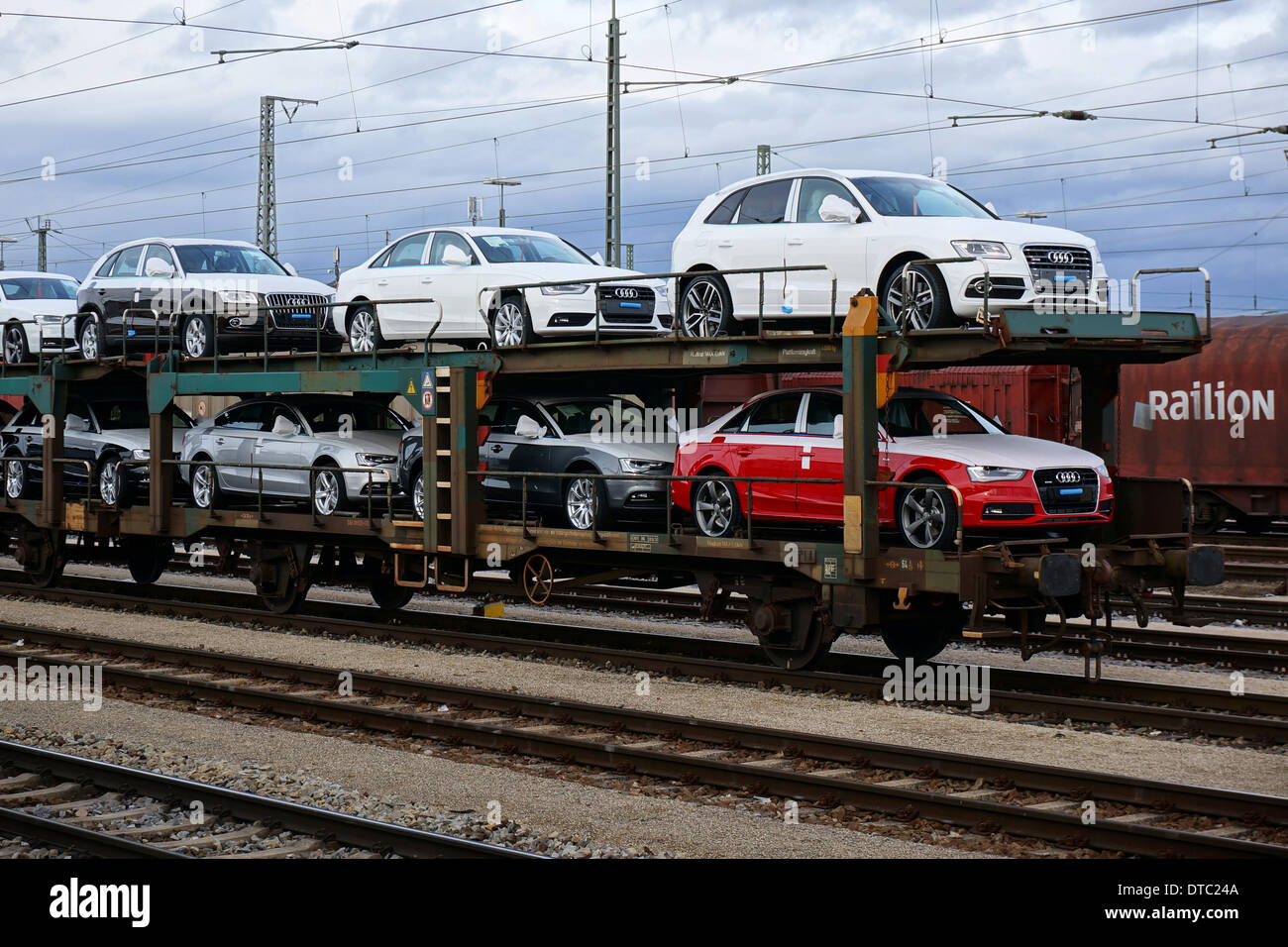 Germany: New Audi cars on freight trains in Ingolstadt (Audi headquarters) - 09 February 2014 Stock Photo