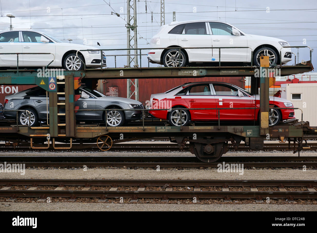 Germany: New Audi cars on freight trains in Ingolstadt (Audi headquarters) - 09 February 2014 Stock Photo