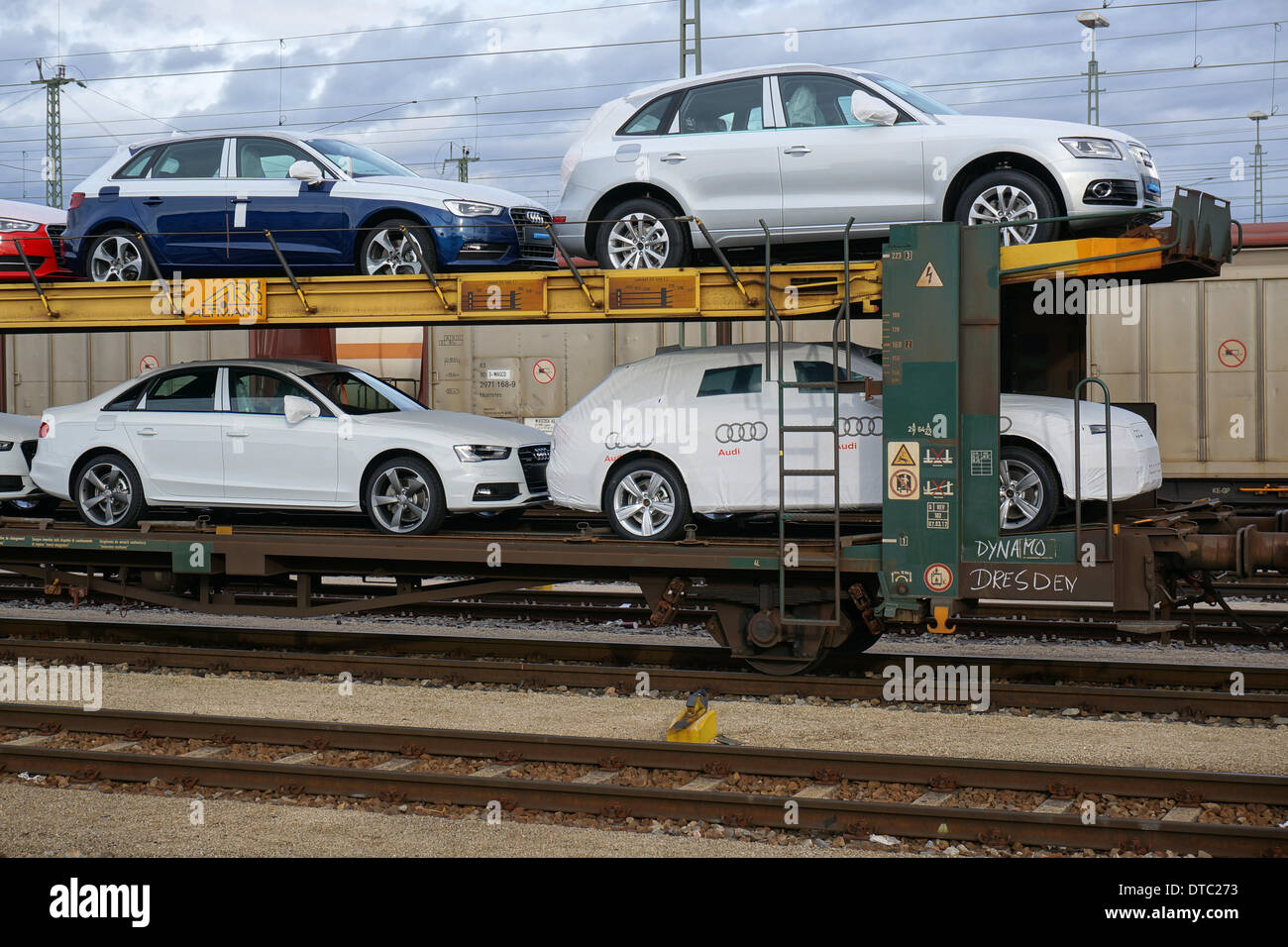Germany: New Audi cars on freight trains in Ingolstadt (Audi headquarters) - 09 February 2014 Stock Photo