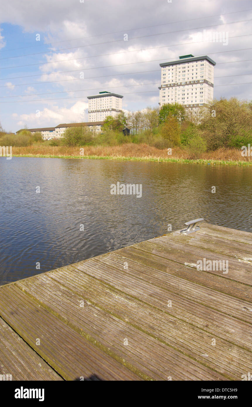 High rise flats behind the Forth and Clyde Canal at Firhill Basin in