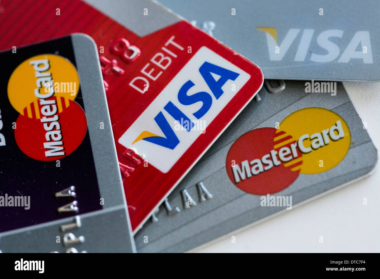 Arranged photos of various U.S. credit cards from Visa, MasterCard and American Express Stock Photo