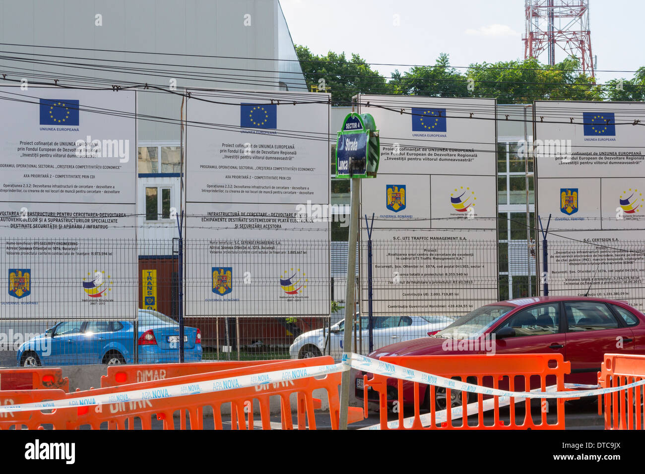 Signs of a Romanian project financed by European Regional Development Fund (FEDER) in Bucharest, Romania Stock Photo