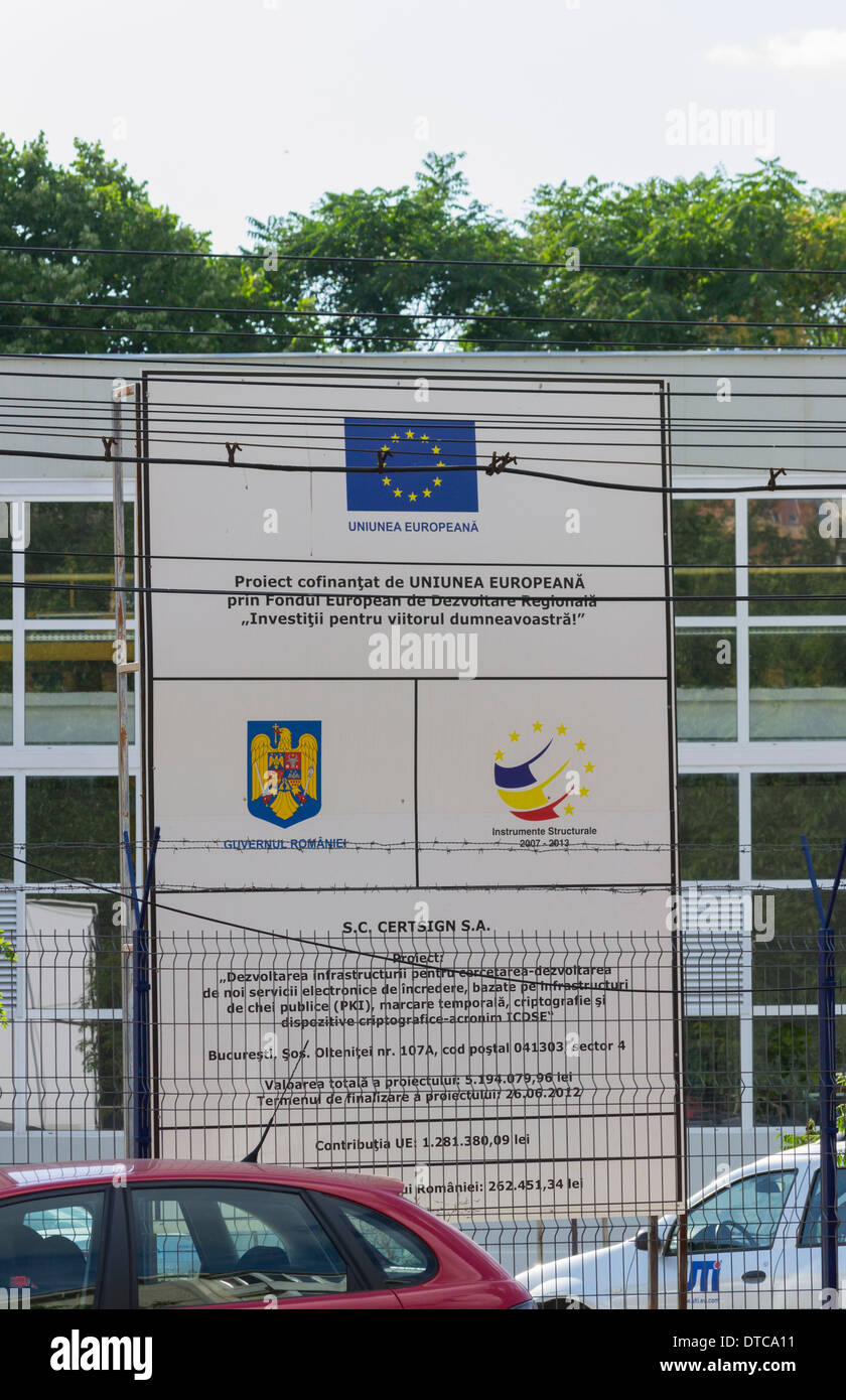 Sign of a Romanian project financed by European Regional Development Fund (FEDER) in Bucharest, Romania Stock Photo