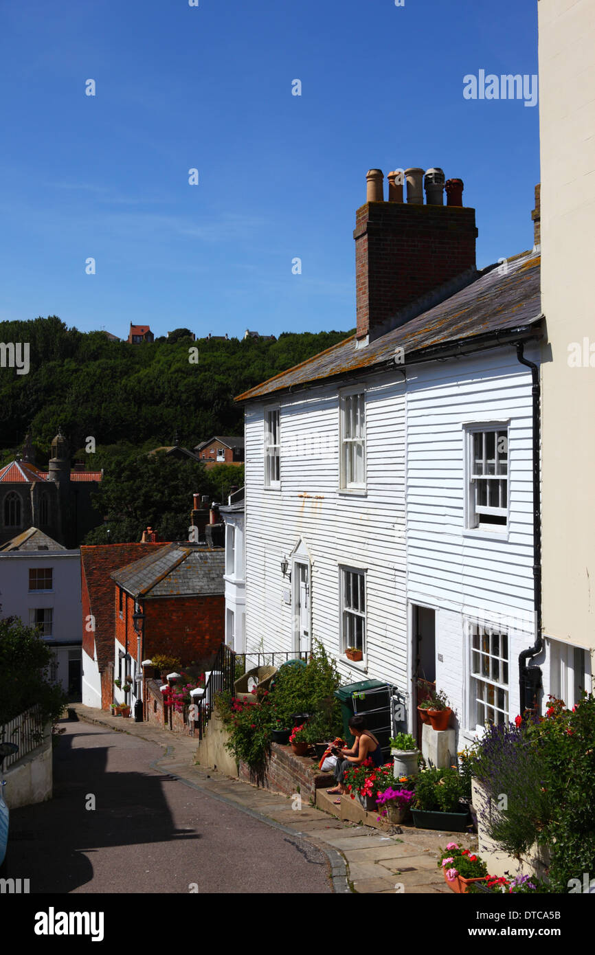 Quaint white weatherboarded houses in the Old Town, Hastings, East Sussex, England Stock Photo