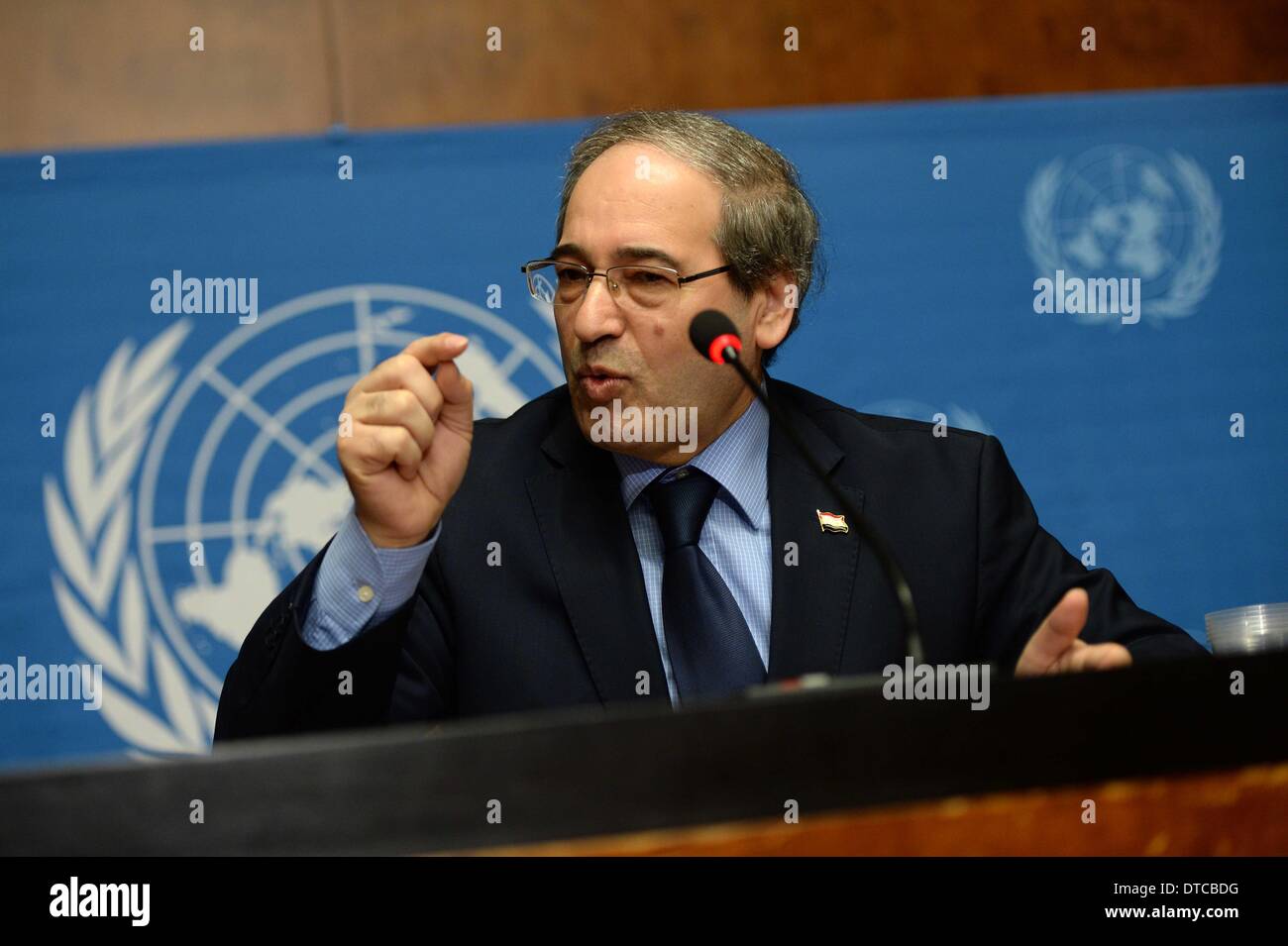 Geneva. 14th Feb, 2014. Syrian Deputy Foreign Minister Faisal Makdad speaks during a press conference in Geneva, Switzerland, Feb.14, 2014. Delegates of Syrian government and the opposition both admitted on Friday that the second round of the Geneva II conference failed to achieve any progress. Credit:  Wang Siwei/Xinhua/Alamy Live News Stock Photo