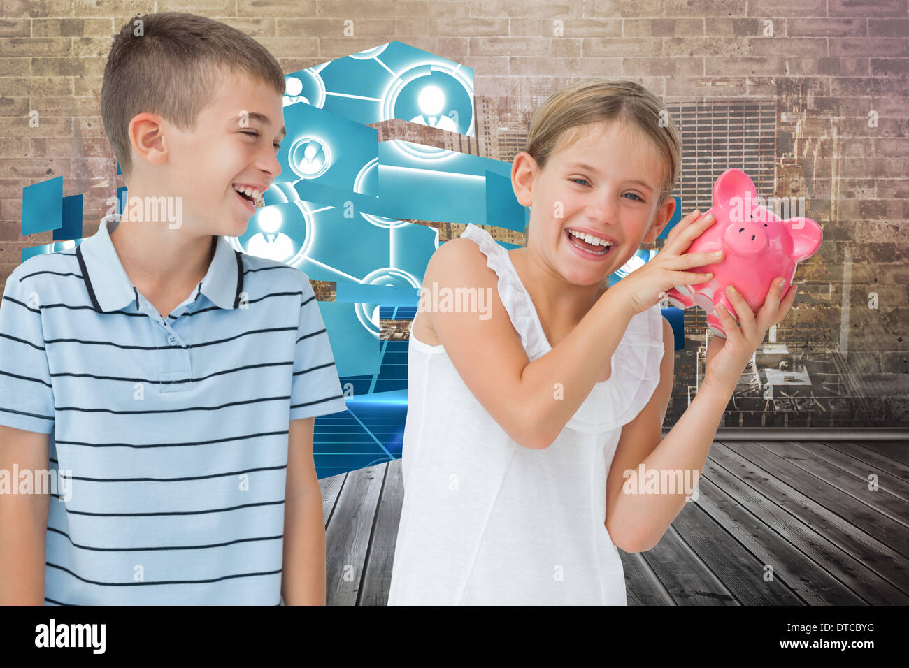 Composite image of smiling young girl holding piggy bank Stock Photo ...