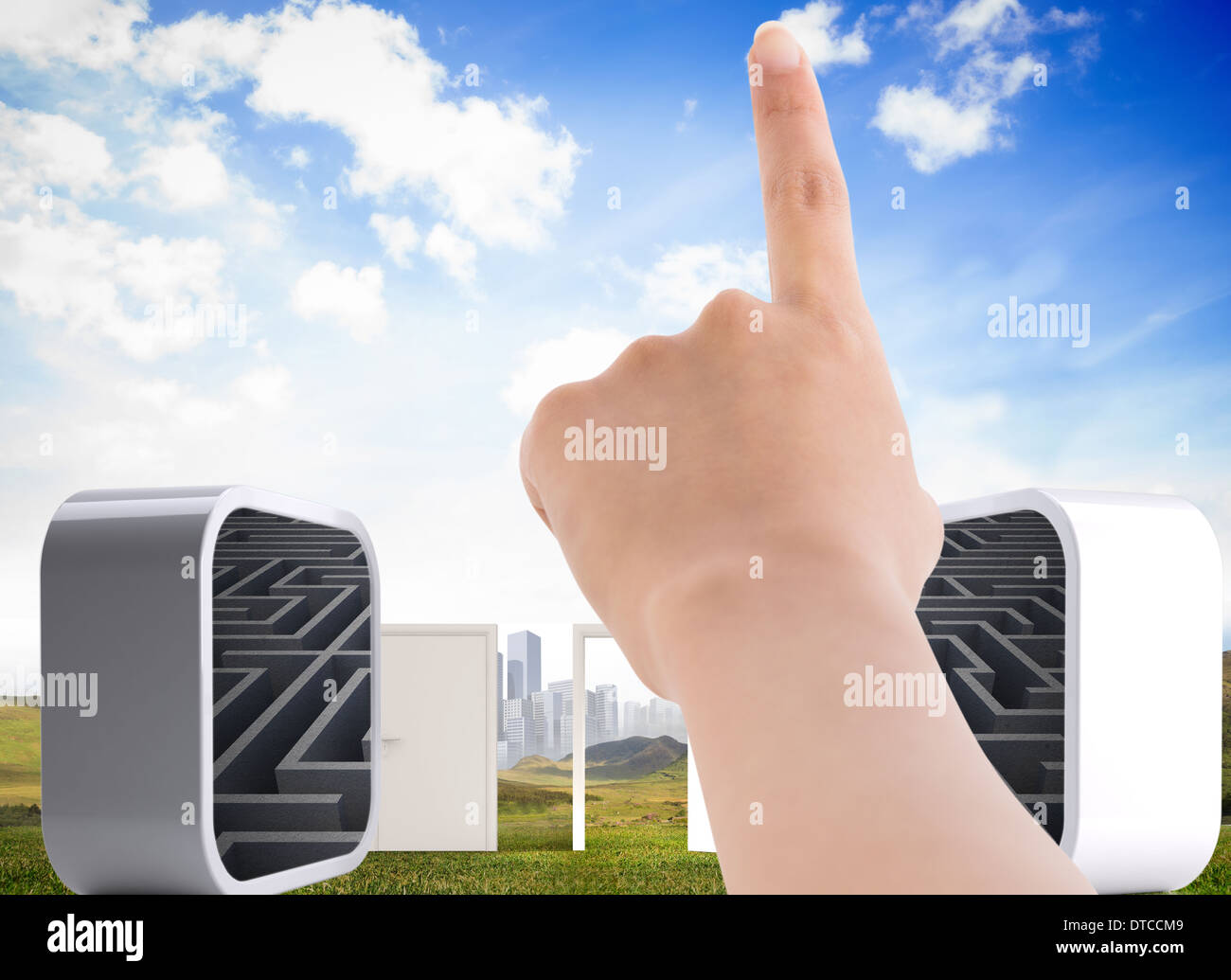 Woman pointing to door hi-res stock photography and images - Alamy