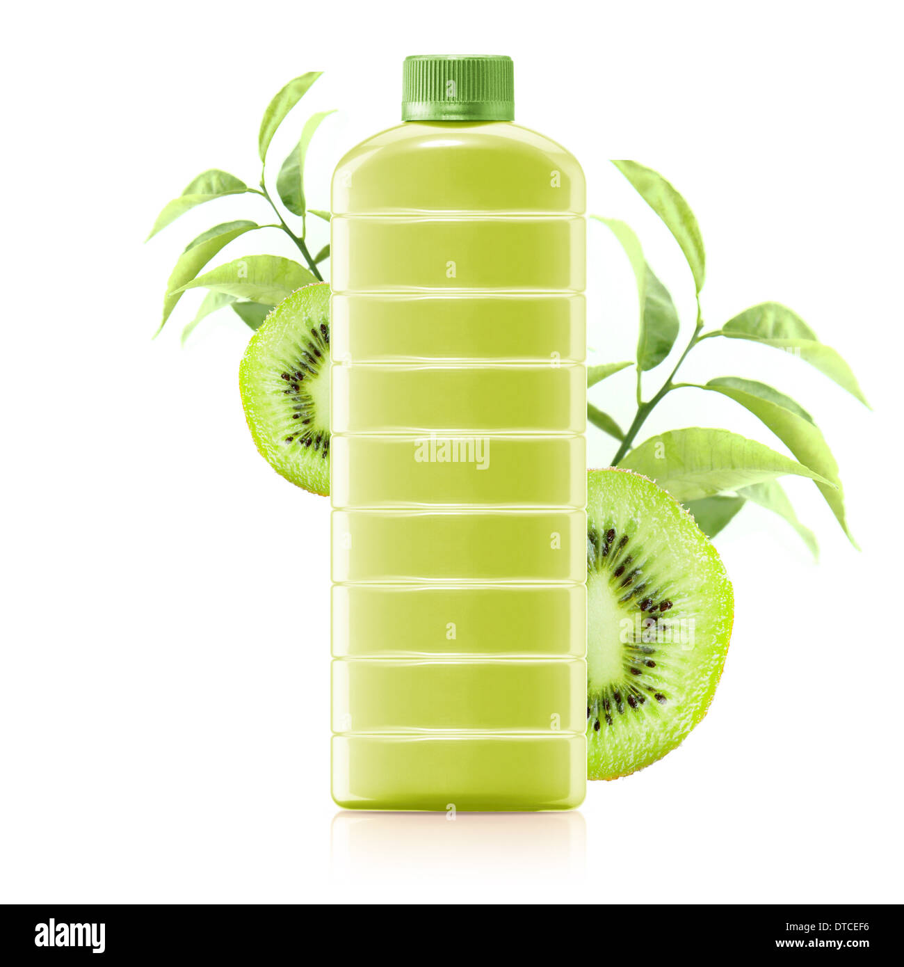 kiwi juice in a plastic container jug with fresh kiwi and leaves on a white background. Stock Photo