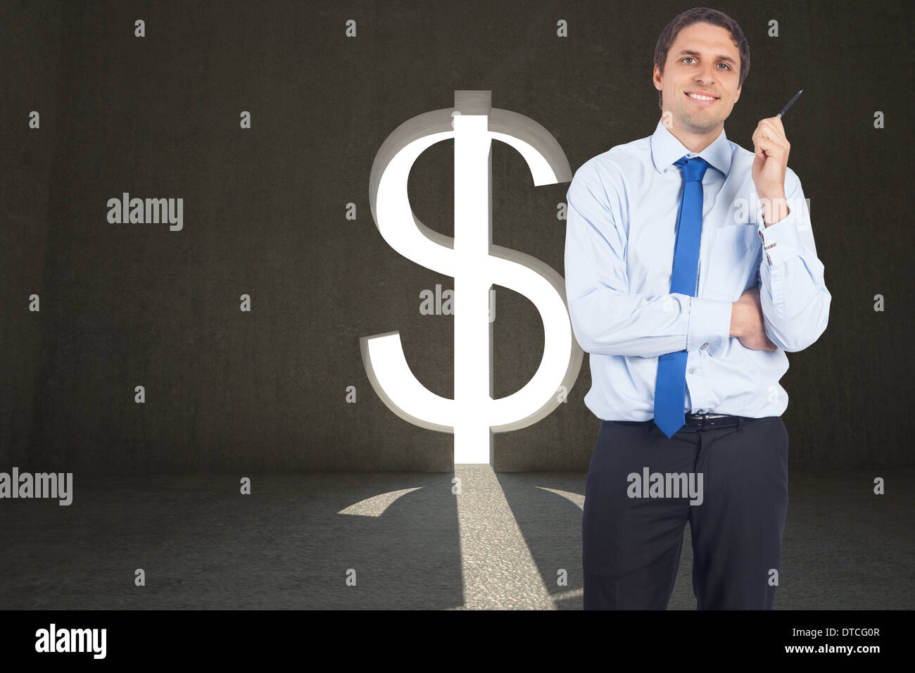 Composite image of thinking businessman holding pen Stock Photo - Alamy