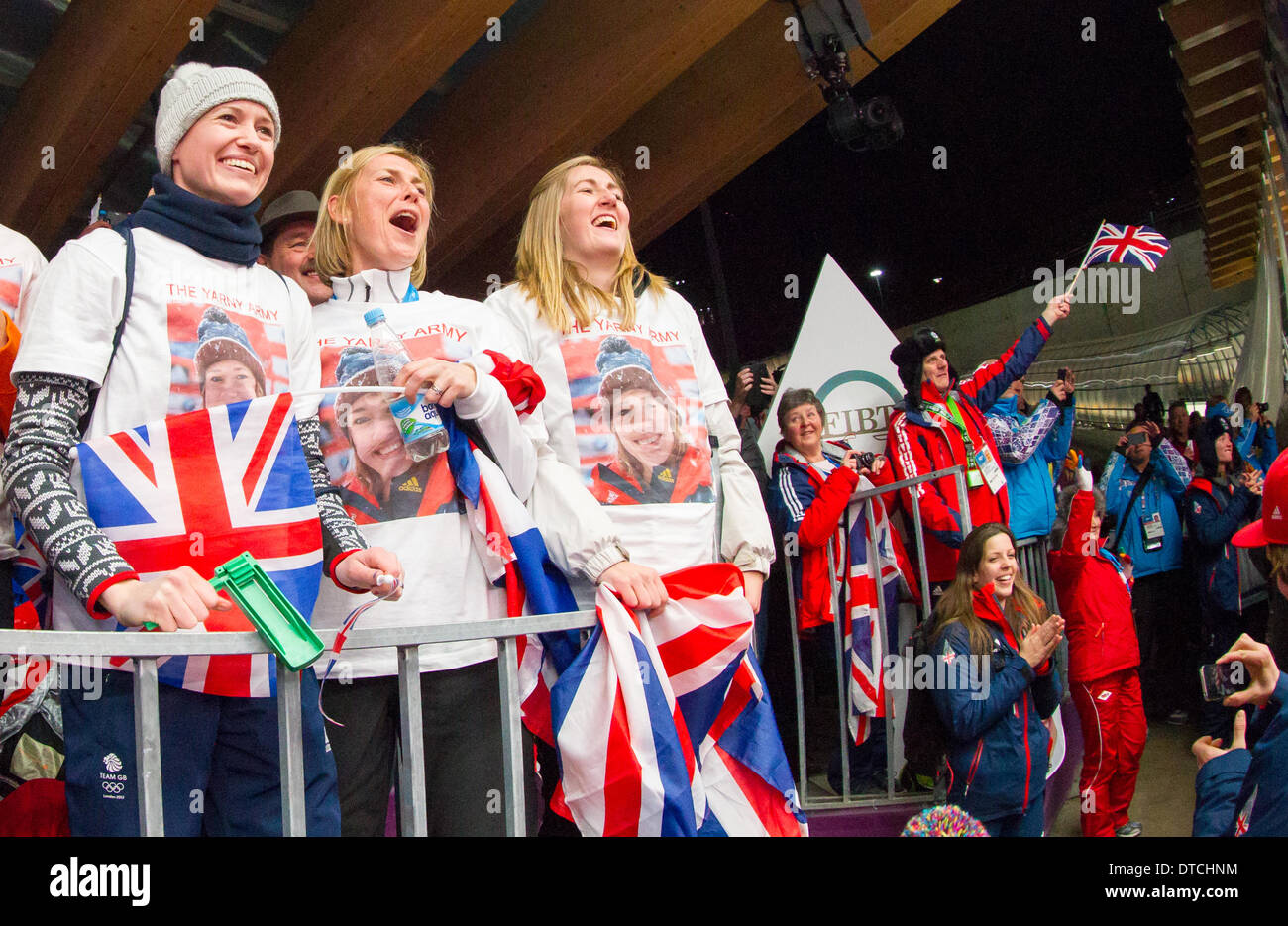 14.02.2014 The 'Yarny Army' - supporters of Lizzy Yarnold (GBR), Gold Medalist in the Ladies Skeleton Medal Round at the Olympic Winter Games XXII Sochi, Russia. Stock Photo