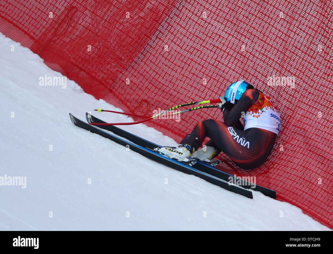 Carolina Ruiz Castillo of Spain lies in the net after falling during the Women's Super G Alpine Skiing event in Rosa Khutor Alpine Center at the Sochi 2014 Olympic Games, Krasnaya Polyana, Russia, 15 February 2014. Photo: Michael Kappeler/dpa Stock Photo